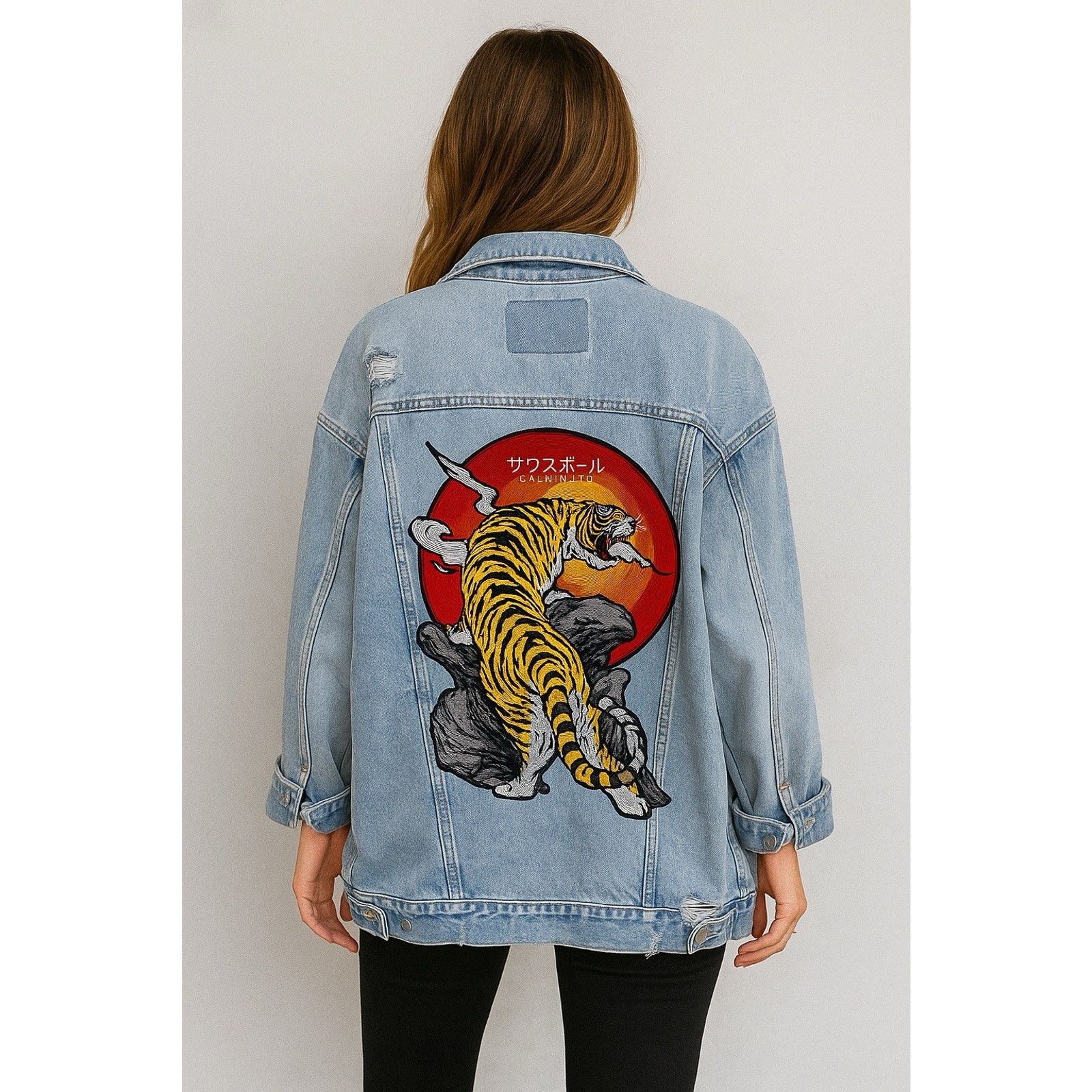 American Eagle Outfitters Japanese TIGER Sunset Retro Distressed Denim Jacket Sz SP Size XS / US 0-2 / IT 36-38 - 1 Thumbnail