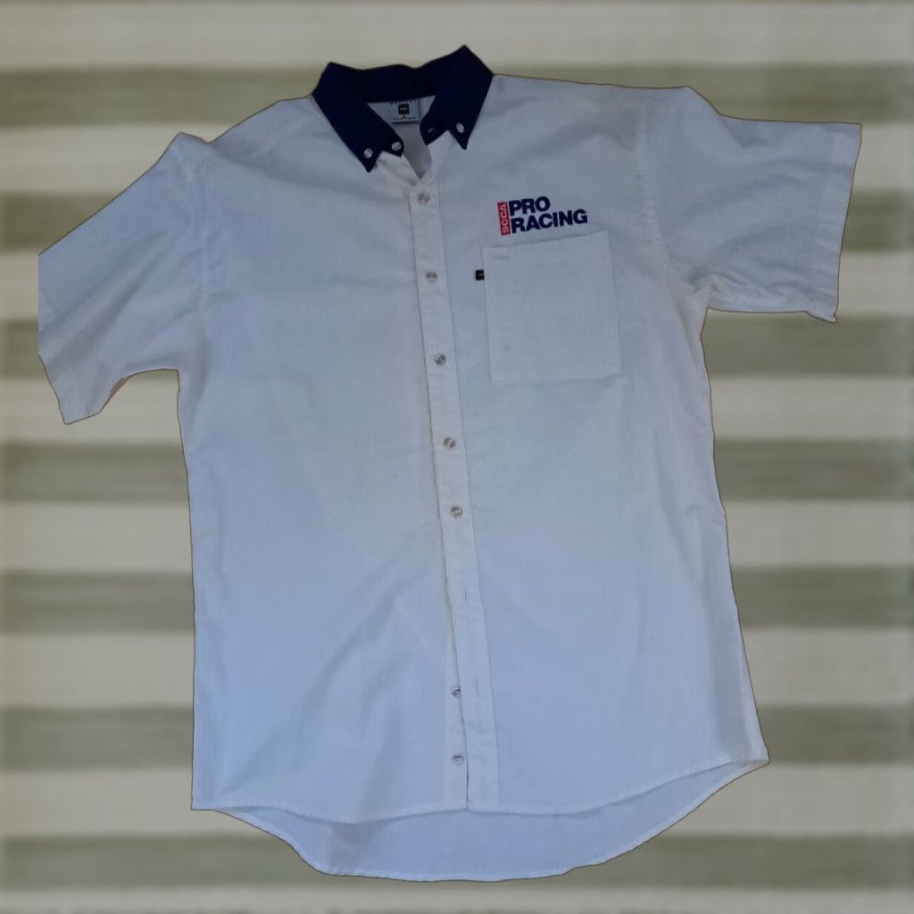 4SDESIGNS Exquisite Designs SCCA Pro Racing Embroidered Button-Up Shirt L USA Cotton Short Sleeve Cream Budget Canvas Mens Large — Shirt Size US L / EU 52-54 / 3 - 1 Thumbnail