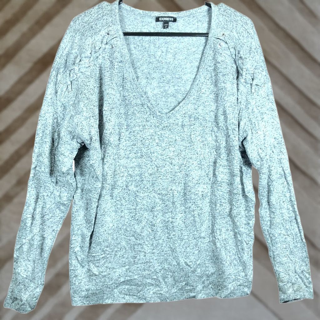 Express Express Womens Sweater Heathered Gray V Neck Criss Cross Shoulders Stretch M Size M / US 6-8 / IT 42-44 - 1 Thumbnail