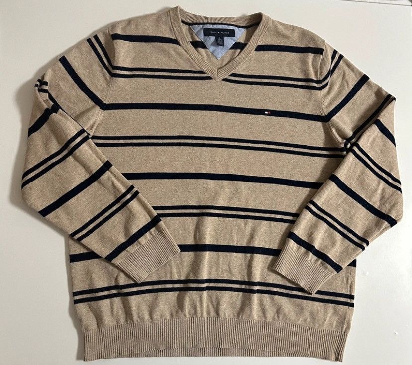 Tommy Hilfiger Tommy Hilfiger Striped V-Neck Sweater - Beige/Navy Size US XL / EU 56 / 4 - 3 Thumbnail