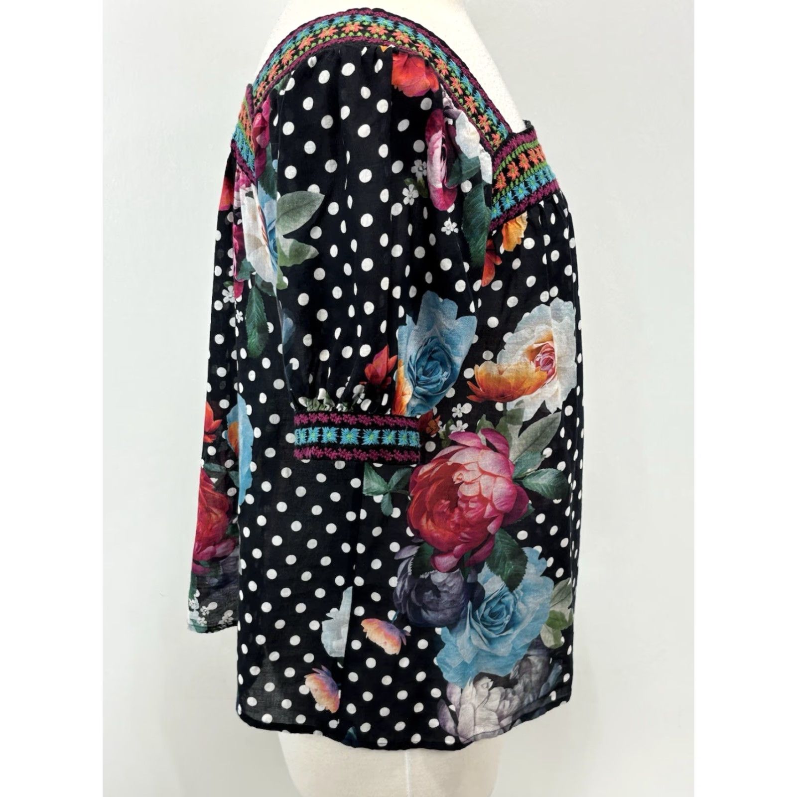 Johnny Was Johnny Was Floral Polka Dot Shirt Top Women's Small Multicolor Puff Sleeve Square Neck Embroidered Regular Fit Size S / US 4 / IT 40 - 4 Thumbnail