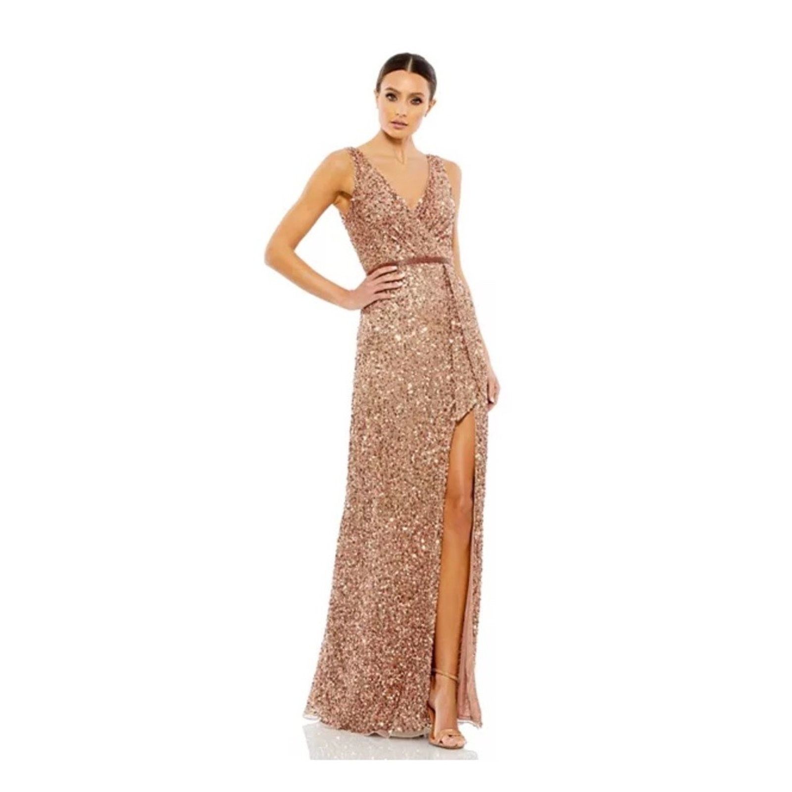 Other Mac Duggal V-Neck Slit Sequined Wrap Gown Size 4 Rose Copper Size S / US 4 / IT 40 - 1 Thumbnail