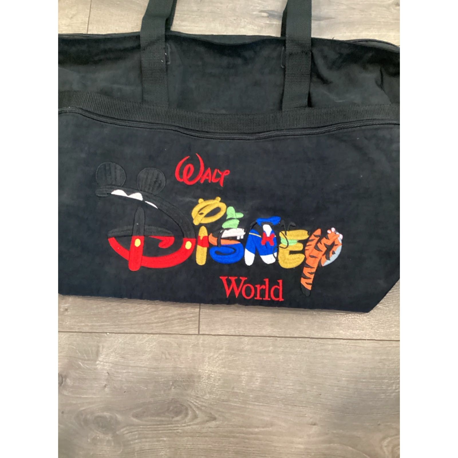 Disney VINTAGE Disney Tote Bag Unisex Medium Black Nylon Embroidered Mickey Minnie Winnie Donald Tigger 90s Cartoon Tote Bag Mens Womens Size ONE SIZE - 2 Thumbnail
