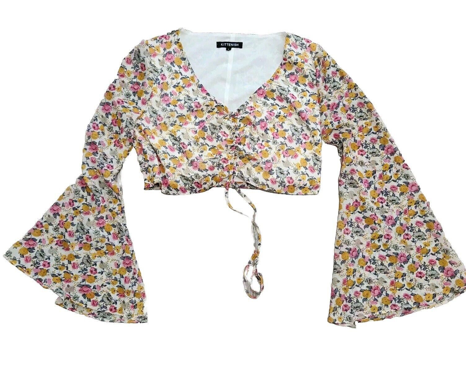 Designer Kittenish Crop Top Large long Bell Sleeves Floral Sweetheart Size L / US 10 / IT 46 - 1 Thumbnail