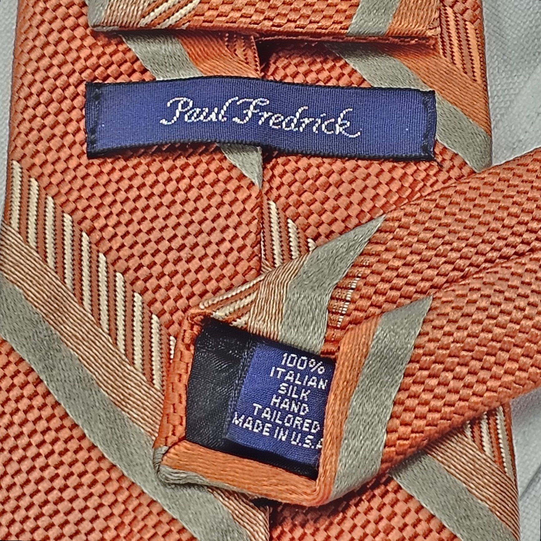 Vintage Paul Fredrick Necktie Tie Mens Heavy 100% Silk Orange Gold Striped Textured USA Classic 59.25" X 3.5" Mens Size ONE SIZE - 4 Thumbnail