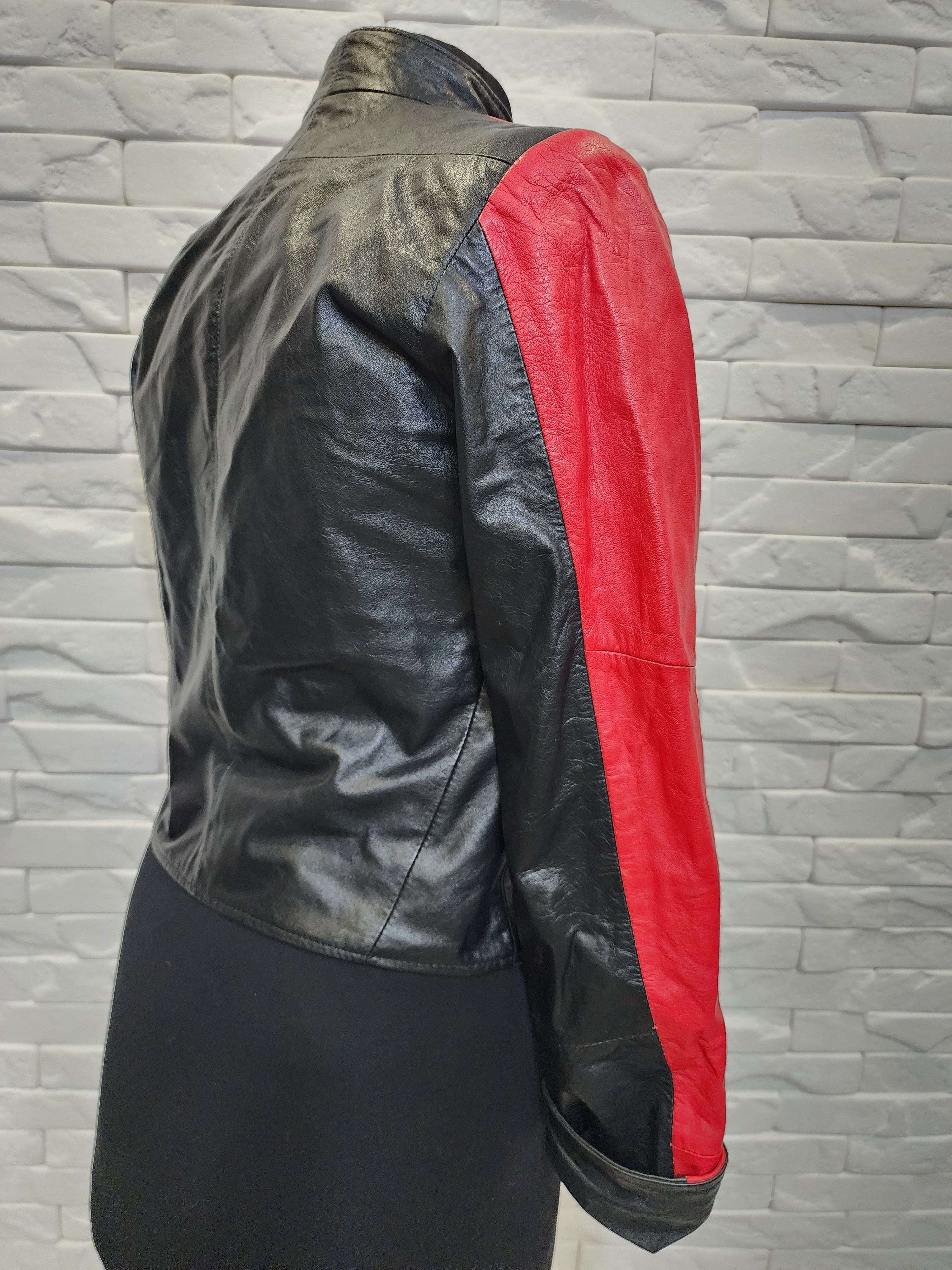 Genuine Leather Women's black leather jacket with red inserts. Size XS / US 0-2 / IT 36-38 - 4 Thumbnail