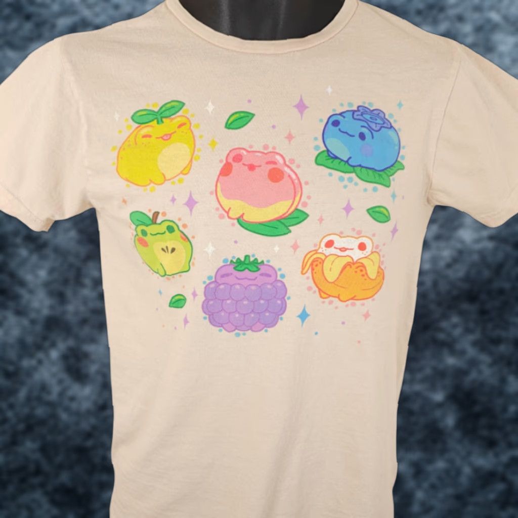 Vintage Fruit Frogs T Shirt Womens Size Small Beige Kawaii Style Cute Shirt - Goodie Two Sleeves Womens Regular Small Beige Cotton Size S / US 4 / IT 40 - 1 Thumbnail
