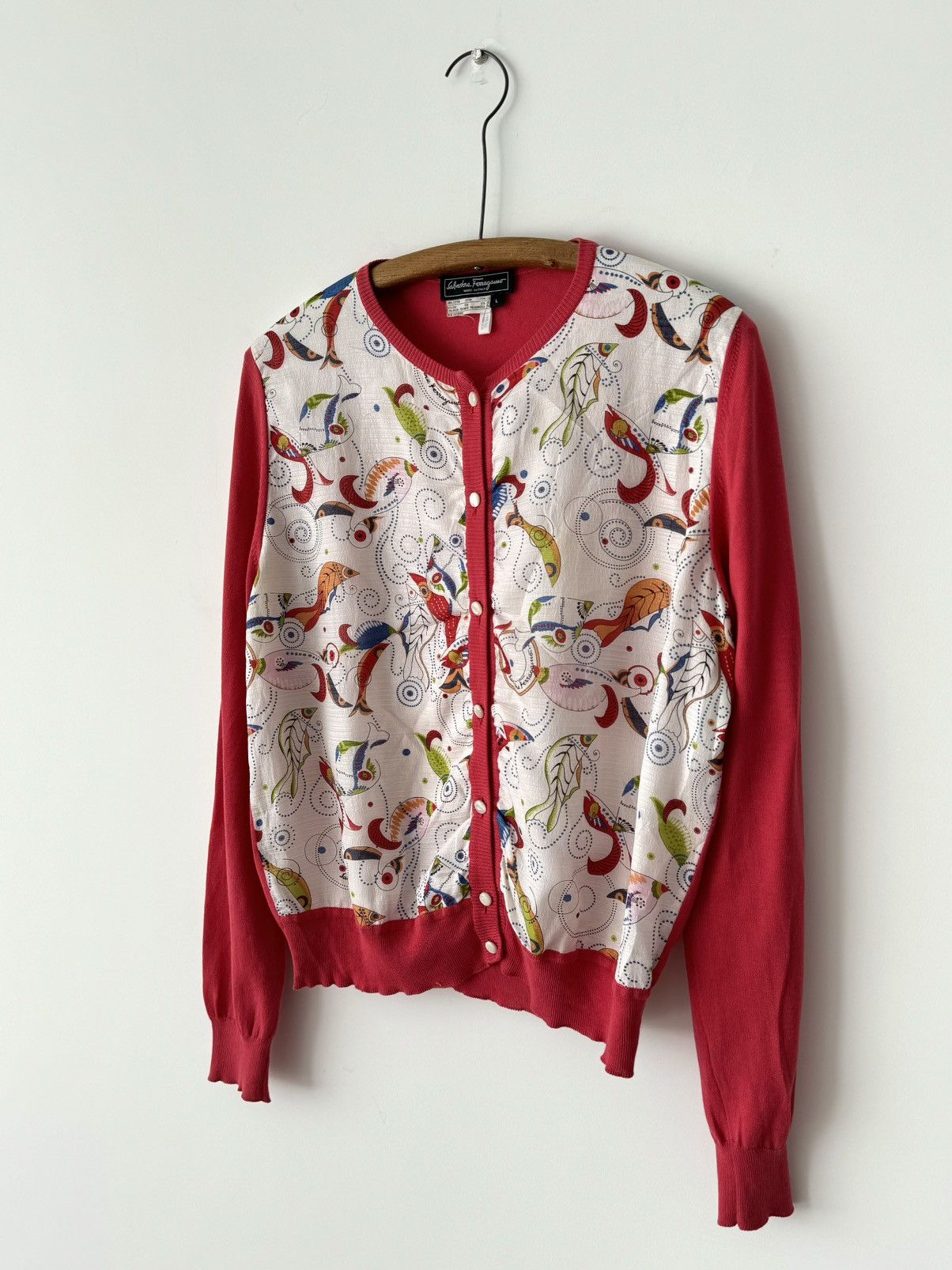 Salvatore Ferragamo × Vintage Vintage 90s Salvatore Ferragamo ‘Fish’ Silk Print Cardigan Size L / US 10 / IT 46 - 2 Thumbnail