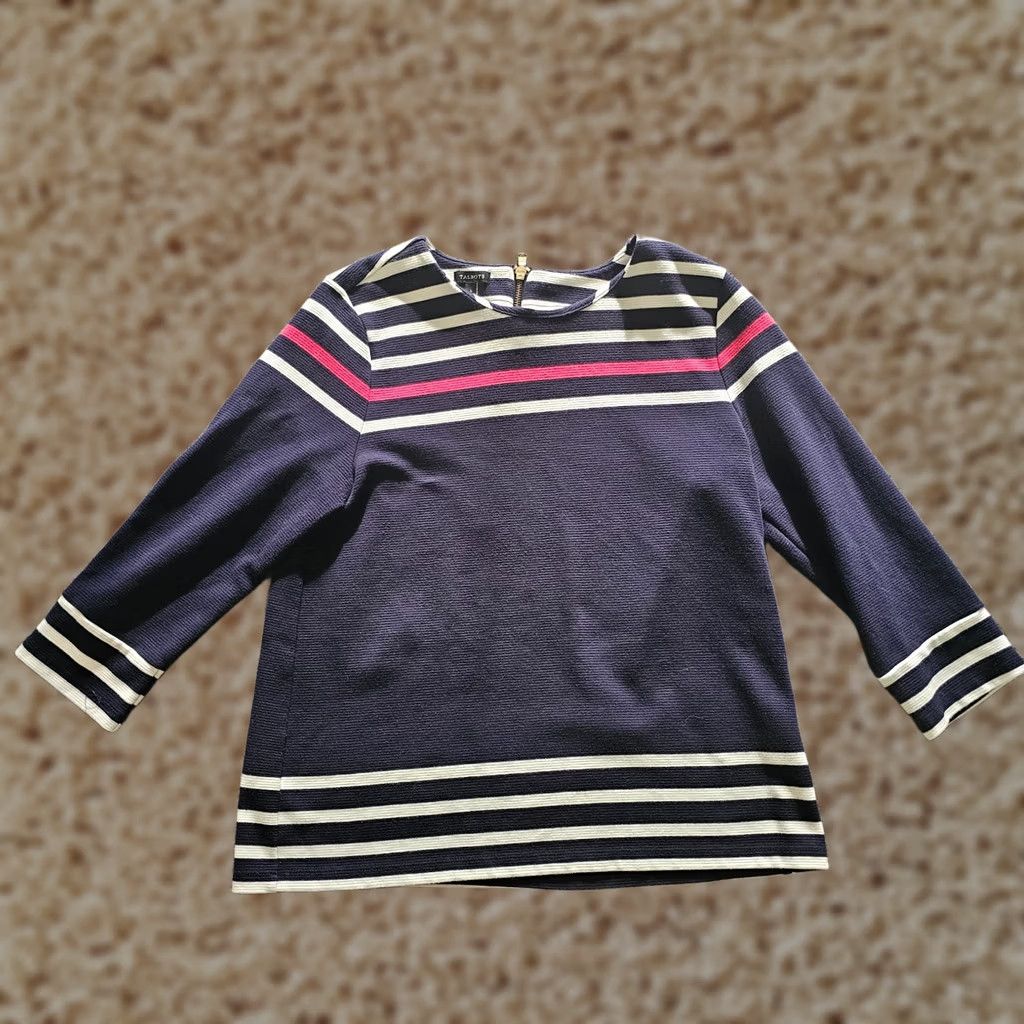 Talbots Talbots Top Shirt Womens Large Blue Red Striped 3/4 Sleeve Zipper Career Casual Size L / US 10 / IT 46 - 1 Thumbnail