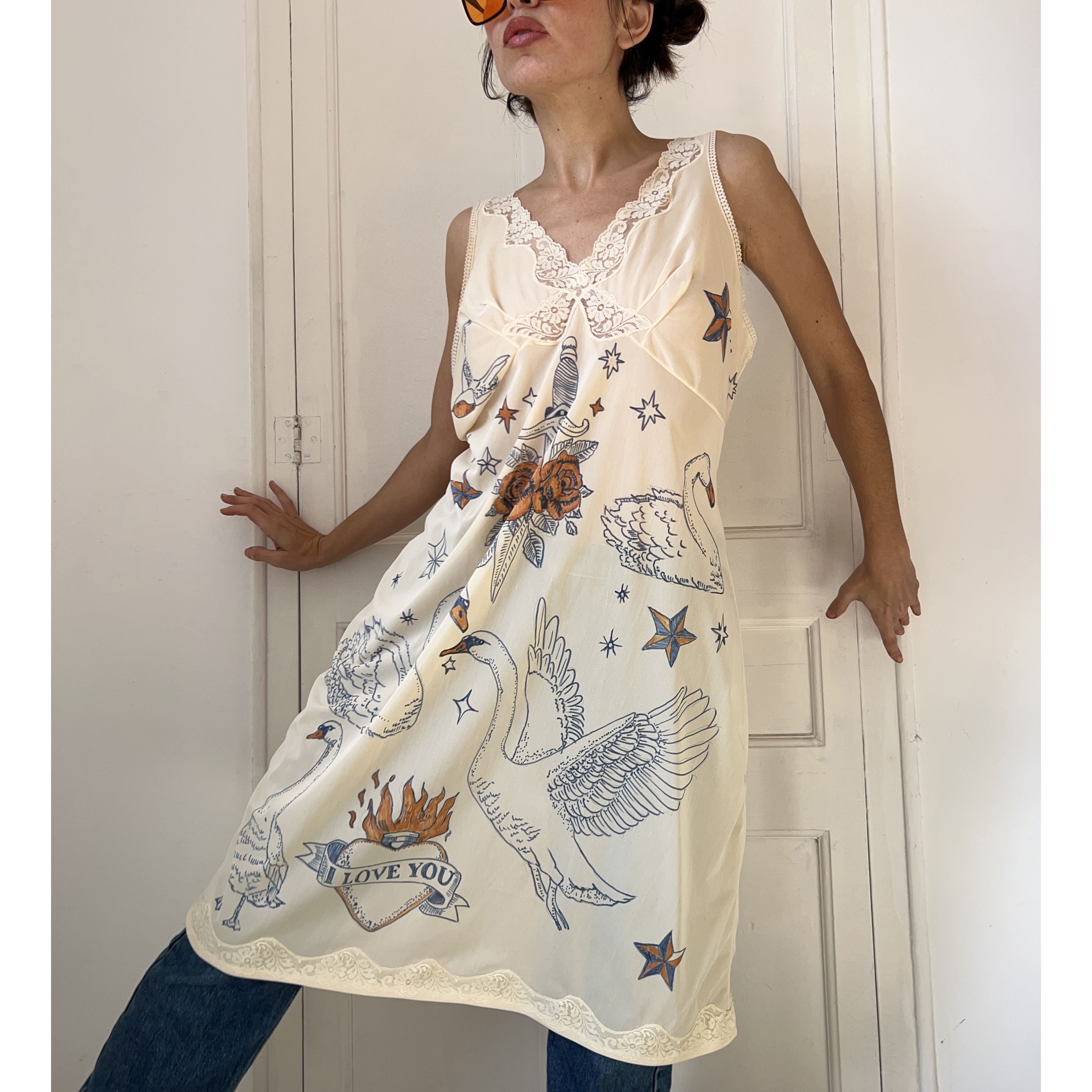 Custommade Hand-Painted Tattoo Swan Slip Dress Size L / US 10 / IT 46 - 7 Thumbnail