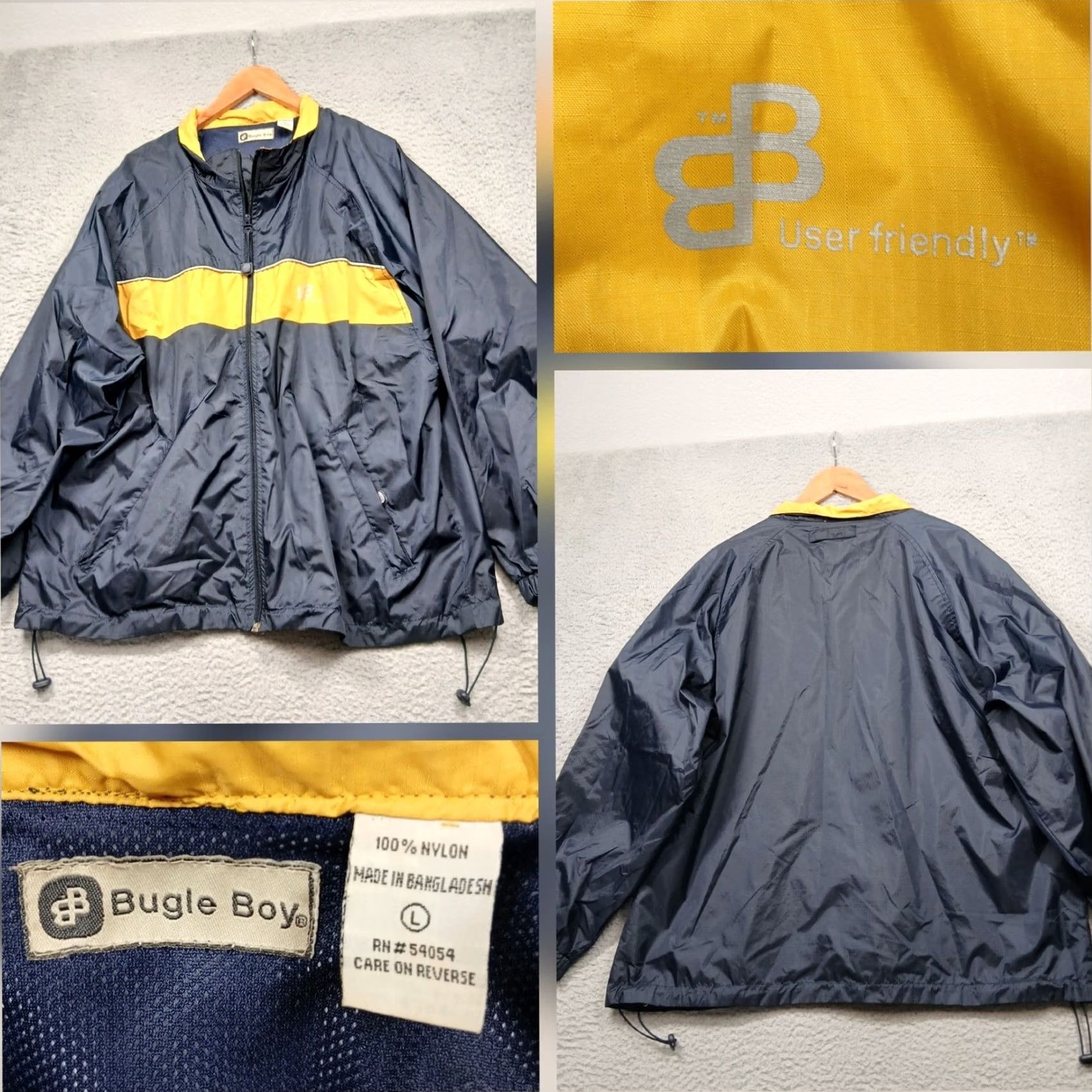 Bugle Boy VINTAGE Bugle Boy Windbreaker Jacket Blues Yellow Nylon Men L Navy Yellow Windbreaker Jacket Full Zip Size US L / EU 52-54 / 3 - 2 Thumbnail