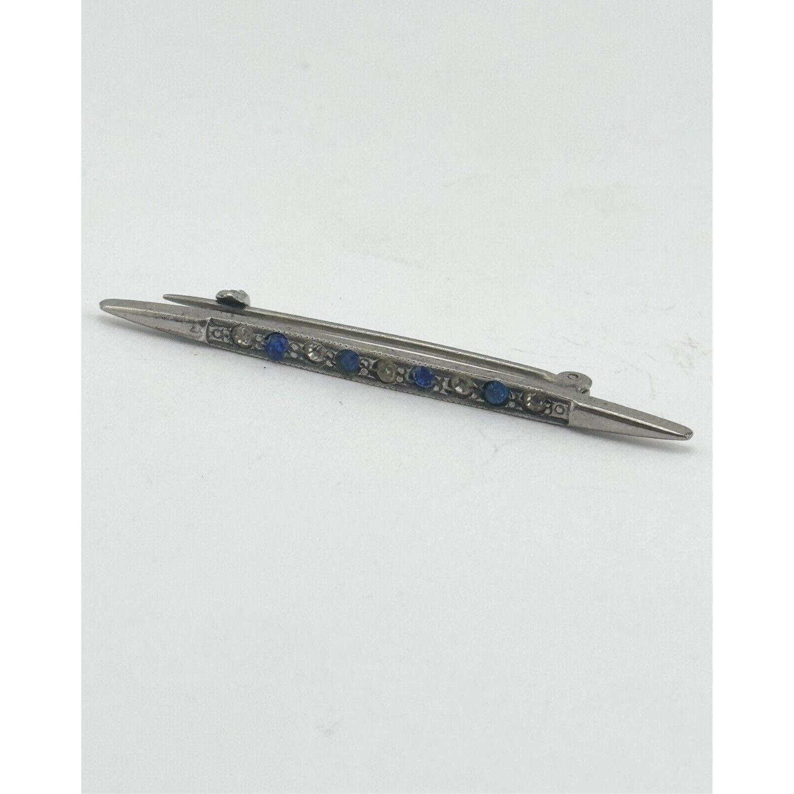 Vintage Estate art deco blue glass rhinestone bar pin Size ONE SIZE - 4 Thumbnail