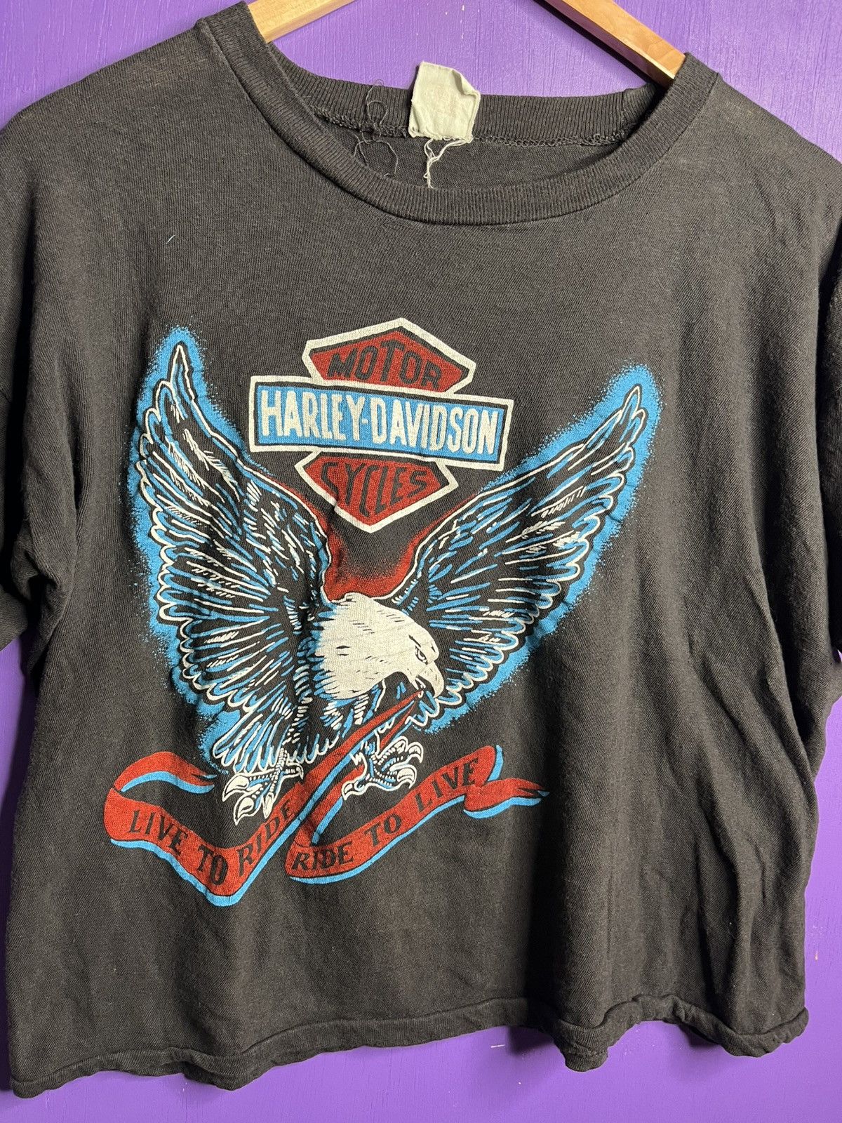 Harley Davidson × Vintage Vintage 70s Harley Davidson blue eagle boxy t-shirt Size US M / EU 48-50 / 2 - 3 Thumbnail