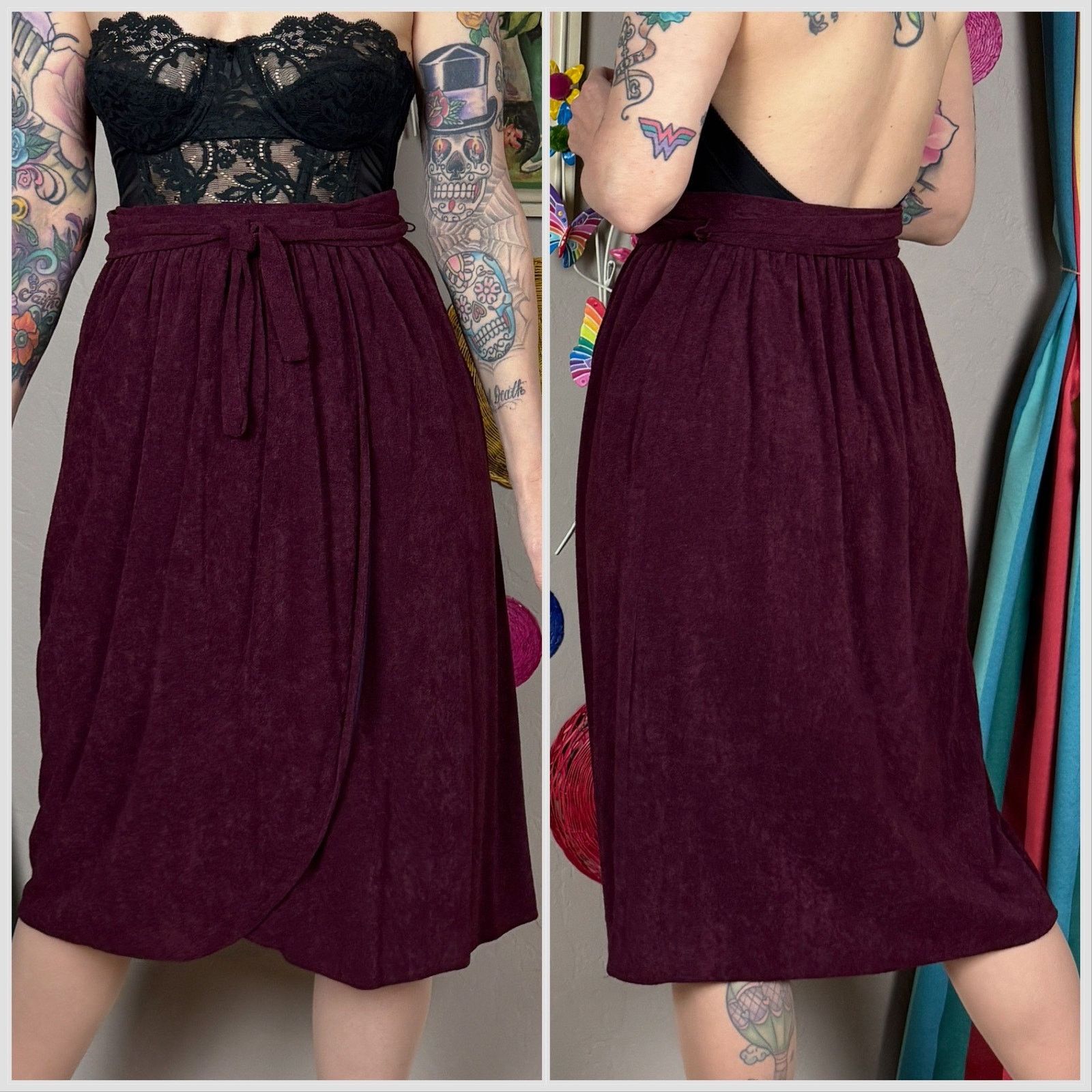 Vintage Vintage 1970s Plum Purple Terry Cloth A-Line Wrap Skirt Size 23" - 3 Thumbnail
