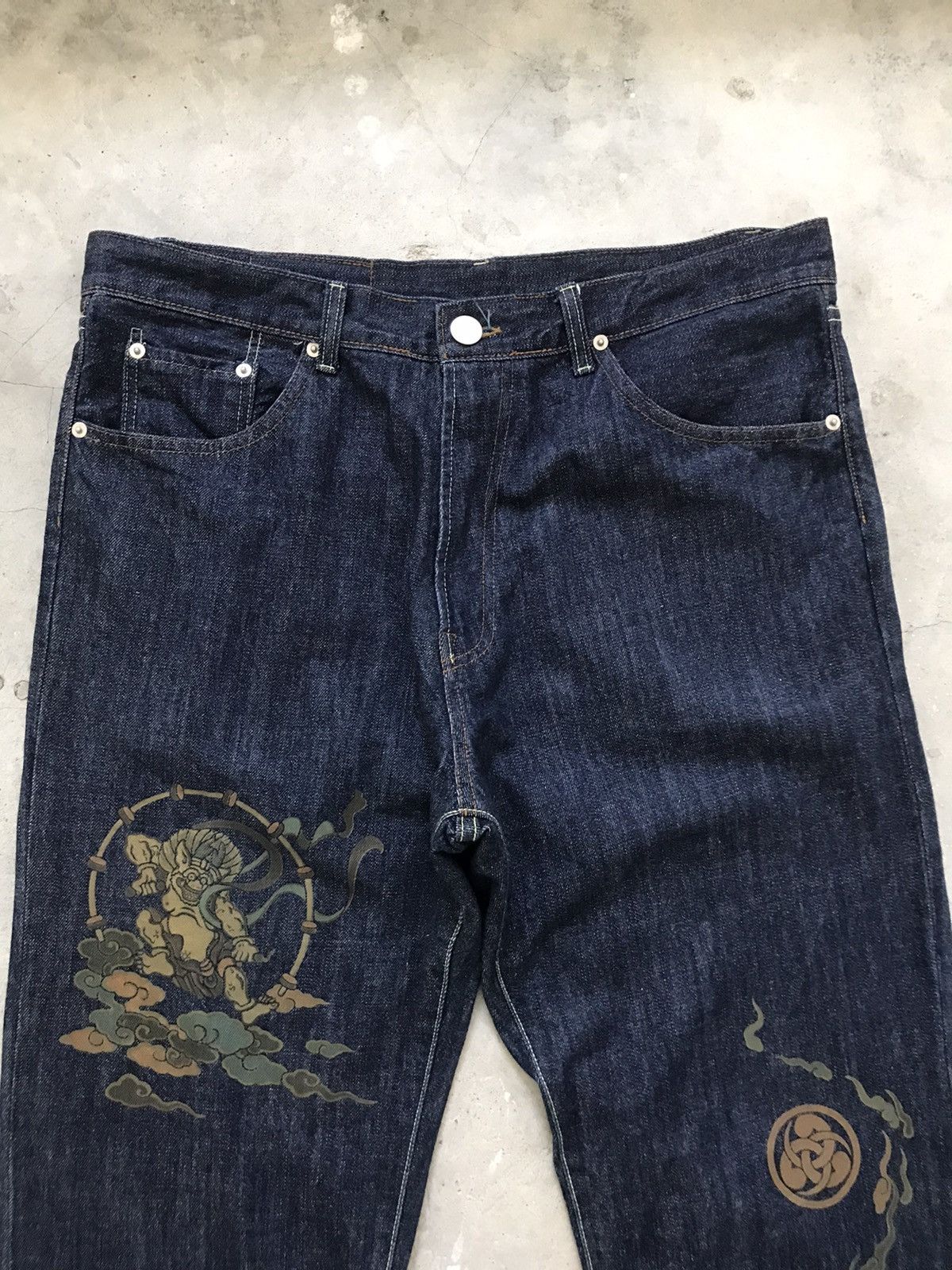 Japanese Brand ONIGASHIMA Raiijin Painted Blue Denim Jeans Size US 36 / EU 52 - 4 Thumbnail