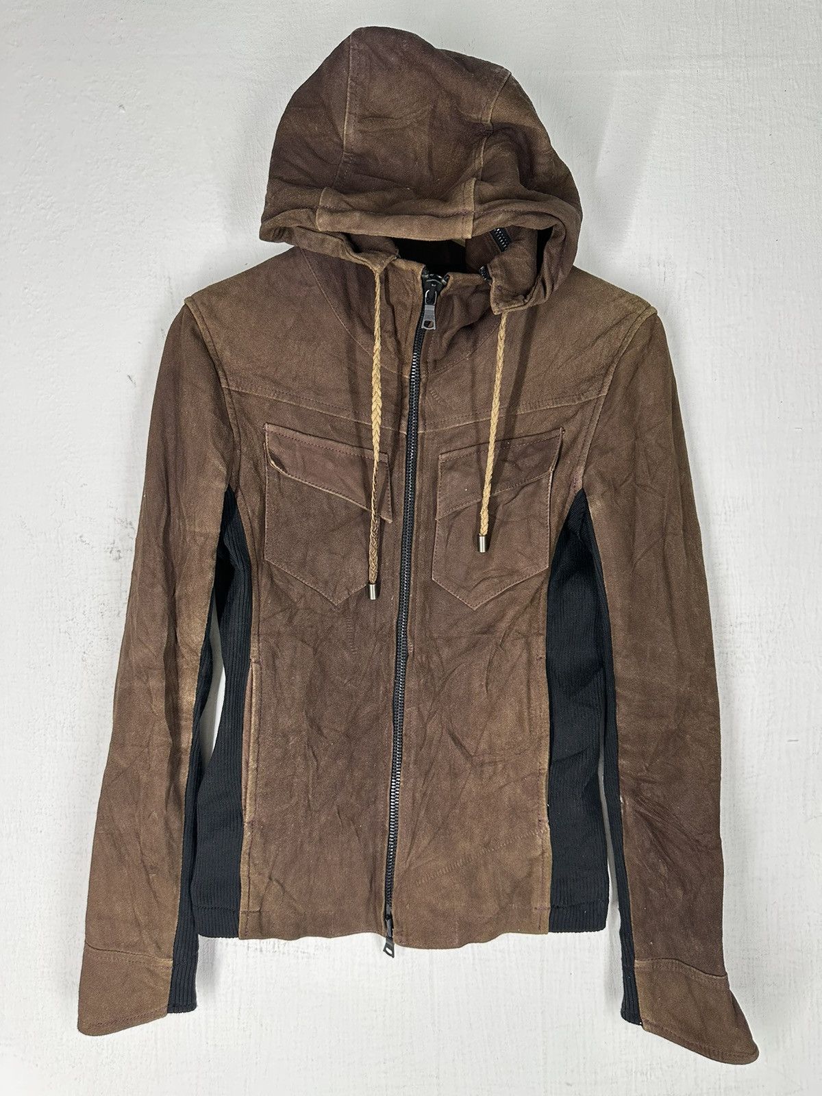 image of Buffalo Bobs Zipper Hoodie Leather Jacket in Brown, Men's (Size XS)