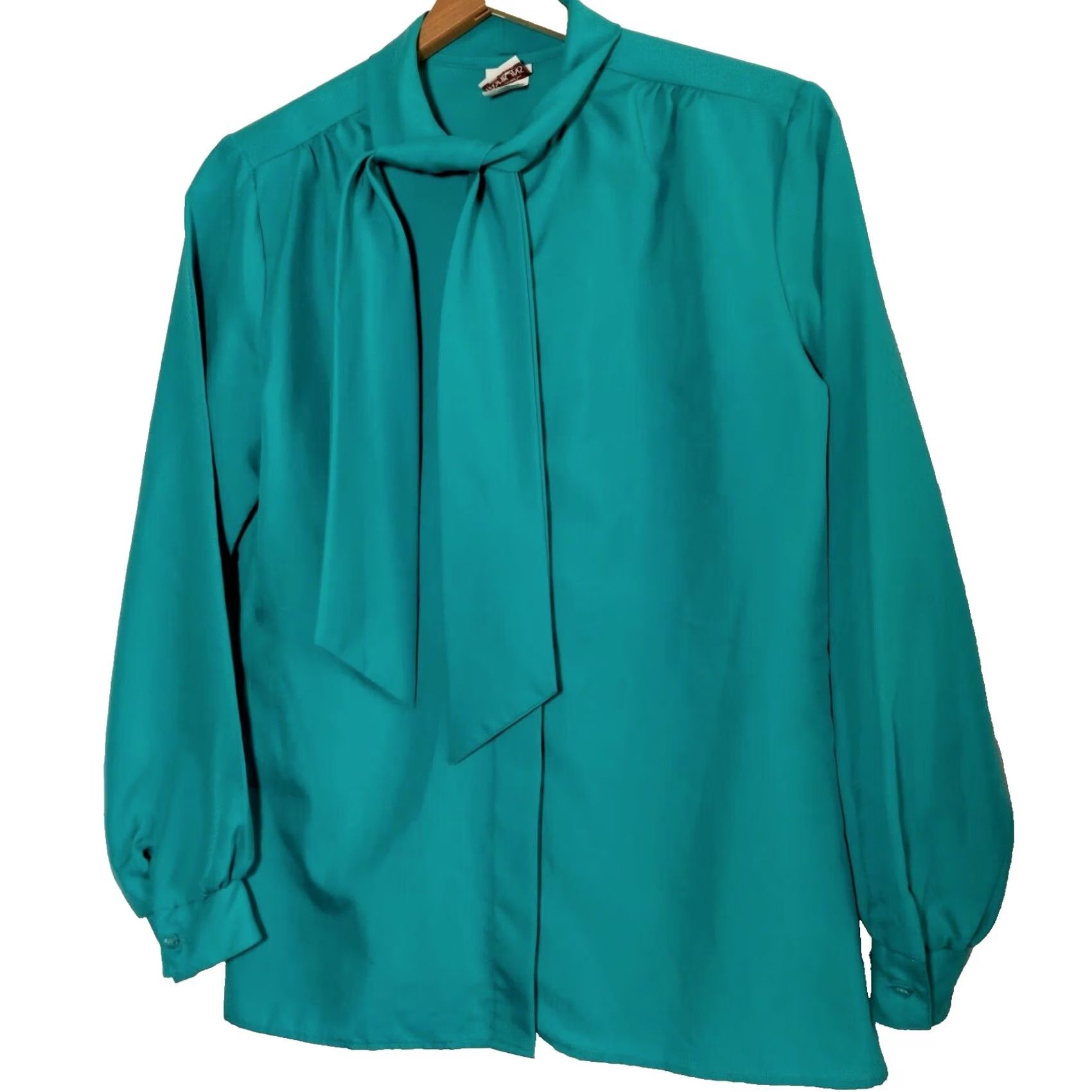 Vintage VINTAGE Classic Fashions Blouse Women Size 8 Teal Tie Neck Long Sleeve Button Up Ballon Sleeve Blue/Green Regular Womens Size M / US 6-8 / IT 42-44 - 2 Thumbnail