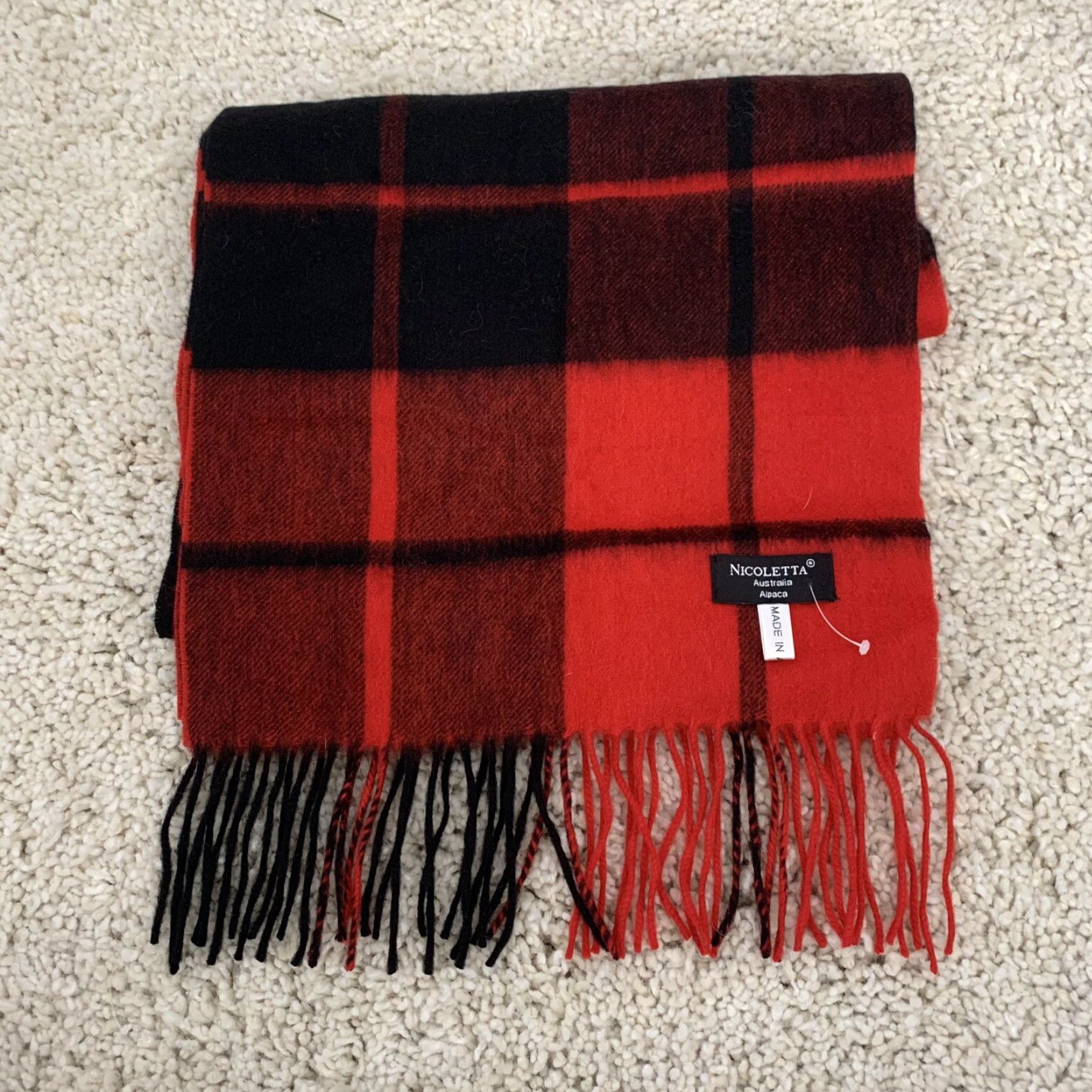Vintage Nicoletta Scarf Plaid Rectangle Unisex 12x70 Red Black Lightweight Alpaca Wool Fringe Hand Wash Only Autumn Winter Spring Size ONE SIZE - 4 Thumbnail