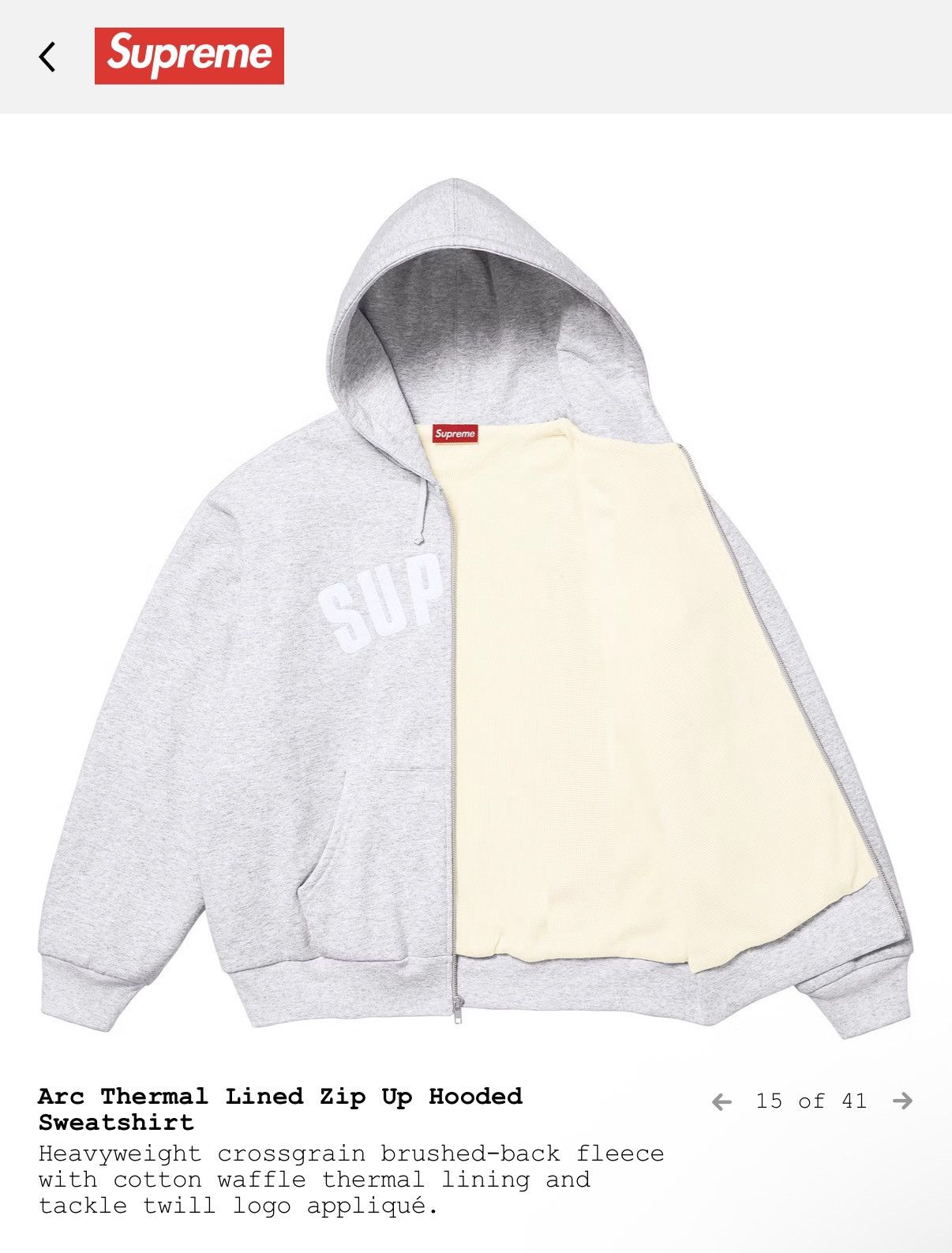 Supreme Arc Thermal Lined Zip Up Hooded灰 Supreme Arc Thermal Lined Zip Up Hooded Sweatshirt Ash Grey Men's - US
