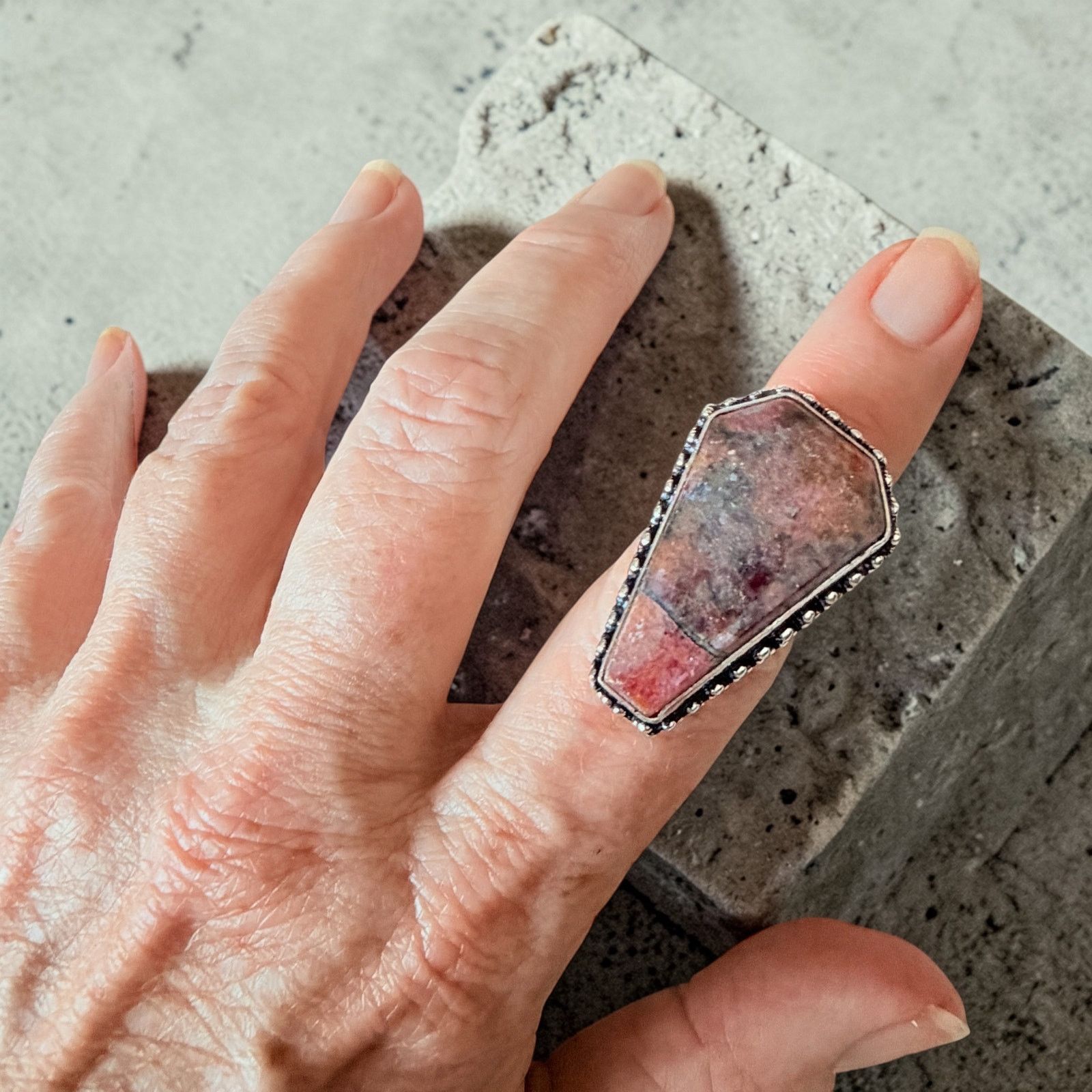 The Unbranded Brand Coffin Rhodonite 925 Silver Overlay Ring Size ONE SIZE - 6 Thumbnail