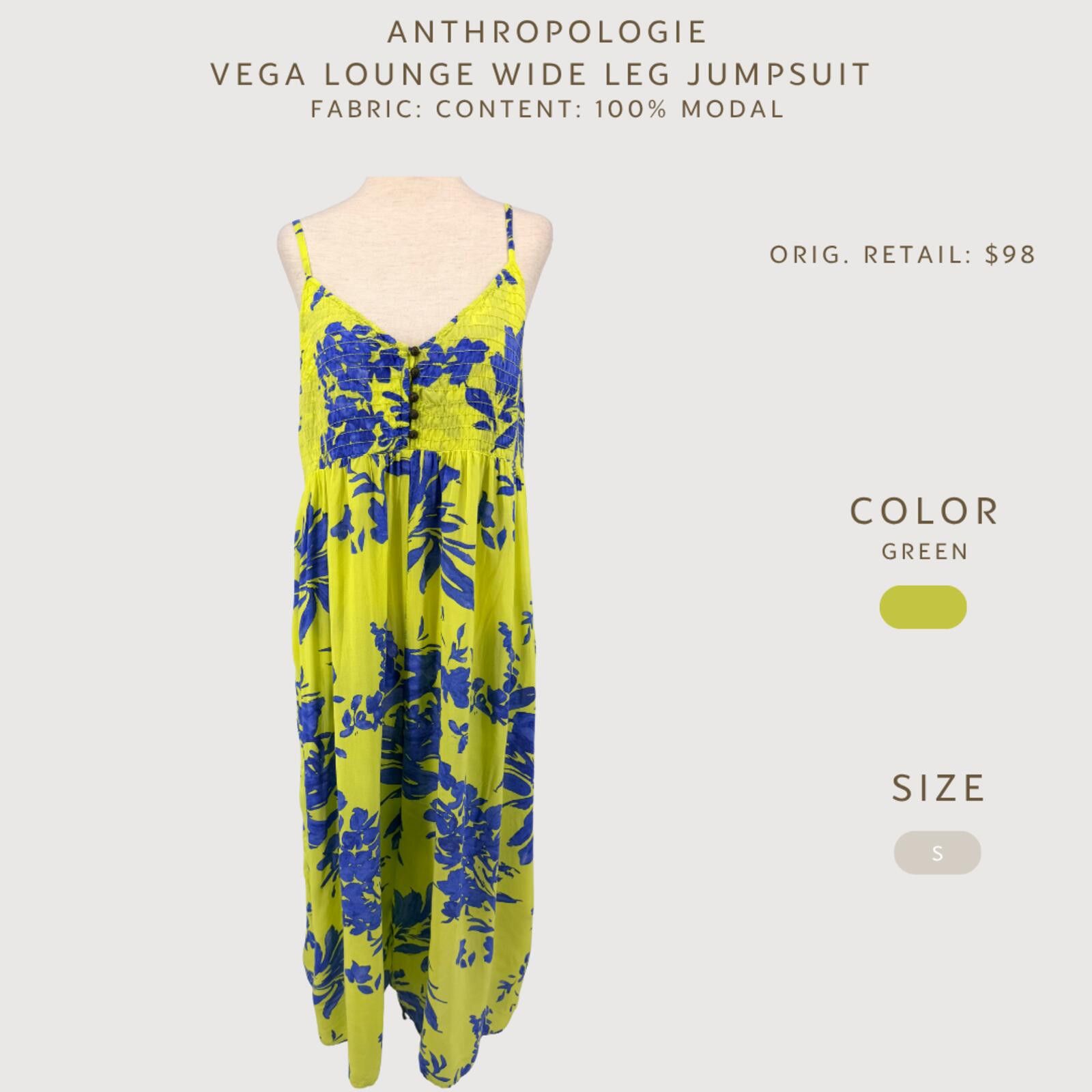 Other Anthro Vega Lounge Jumpsuit Wide Leg Floral Green S Size 28" / US 6 / IT 42 - 2 Thumbnail