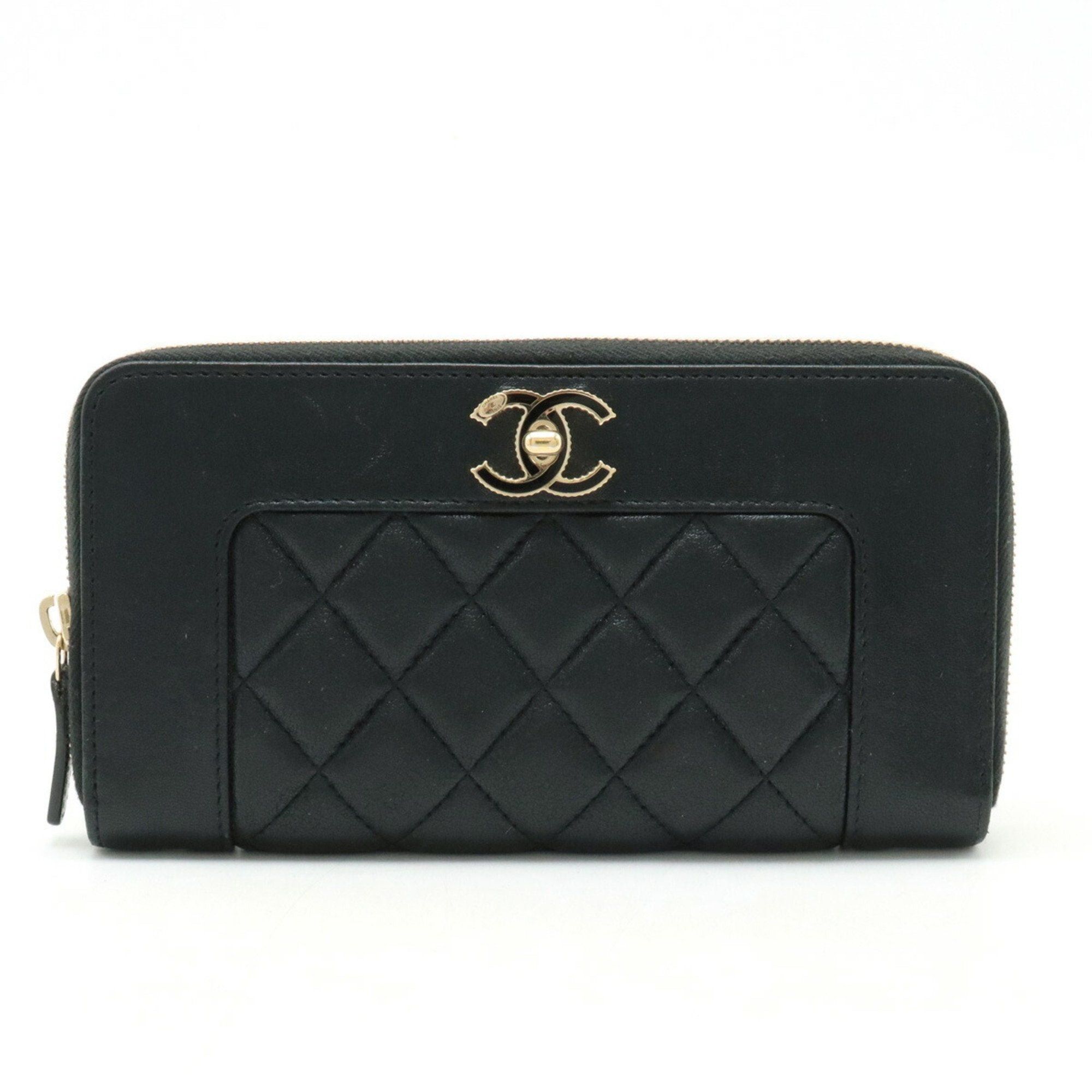 image of Chanel Mademoiselle Matelasse Coco Mark Round Long Wallet Leather Black A80969, Women's