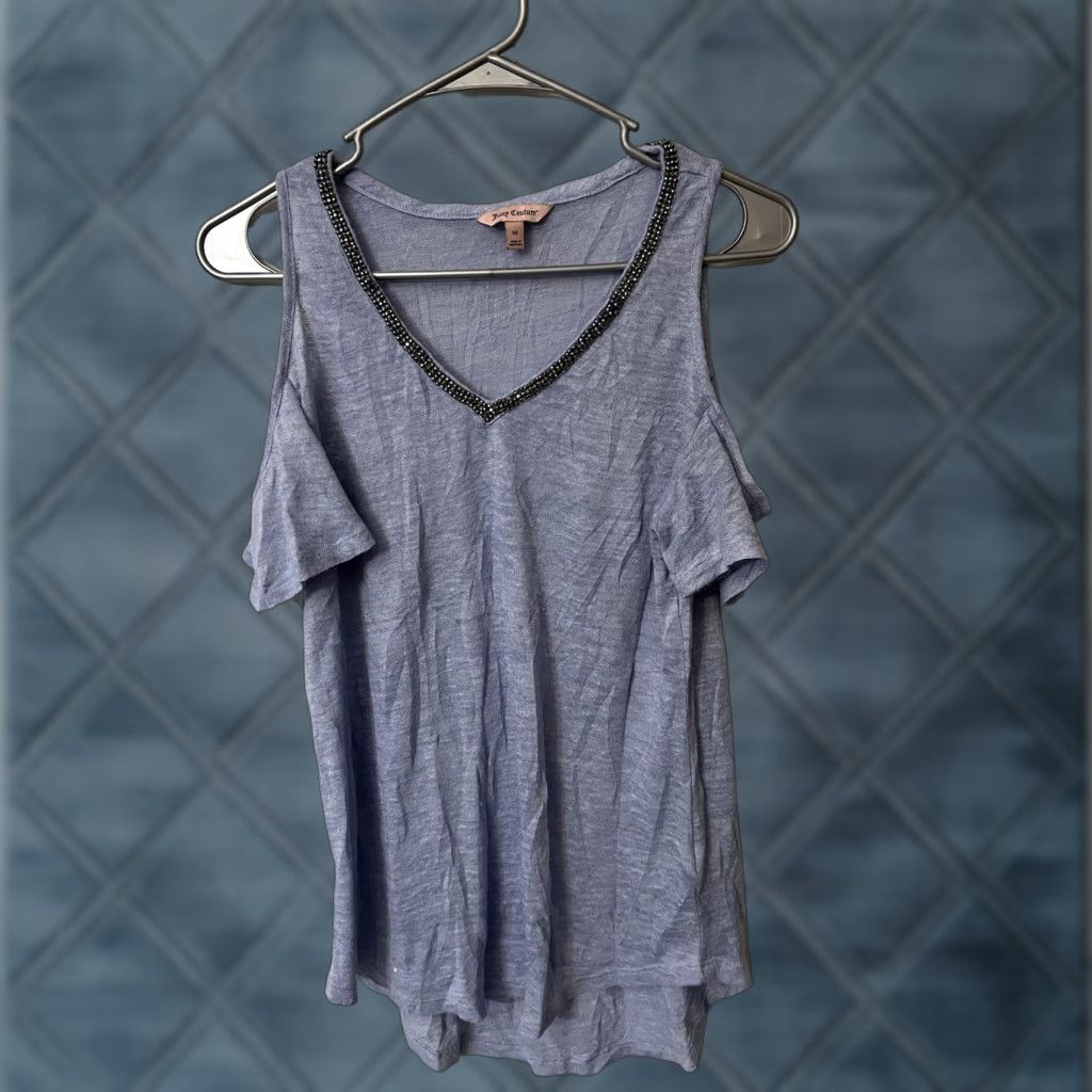 Juicy Couture VINTAGE Juicy Couture Kohls Heather Dusty Blue Cold Shoulder Beaded Neck Knit Hi Lo Med Shirt Womens Size M / US 6-8 / IT 42-44 - 1 Thumbnail
