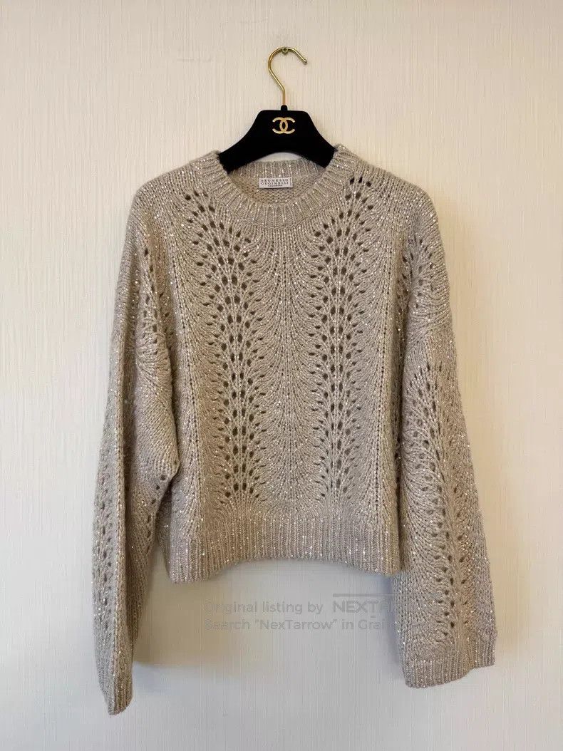 Brunello Cucinelli Brunello Cucinelli Oatmeal Cashmere Openwork Sweater with Size L / US 10 / IT 46 - 1 Thumbnail