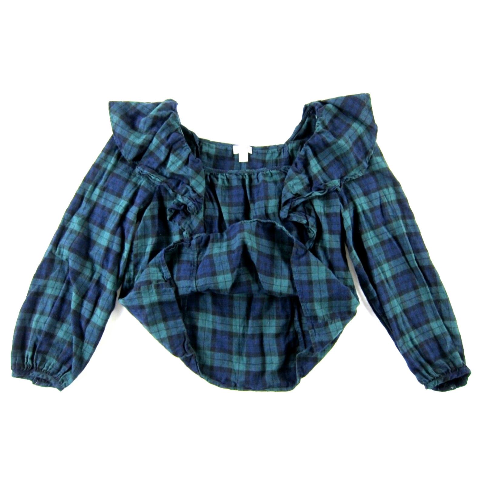 J.Crew J.Crew Green Blue Plaid 100% Cotton Long Sleeve Ruffle Crop Blouse PM Size M / US 6-8 / IT 42-44 - 4 Thumbnail