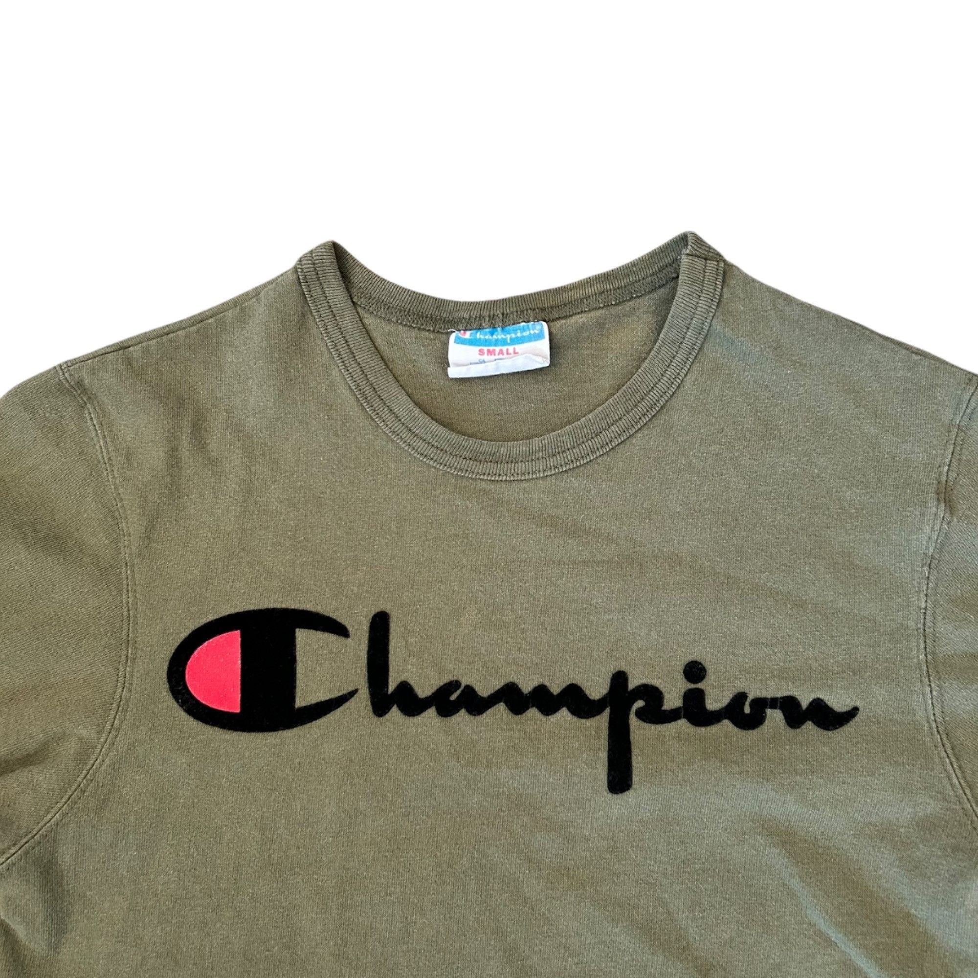 Champion Vintage Champion Olive Green Flocked Velvet Spellout Tee S Size US S / EU 44-46 / 1 - 2 Thumbnail
