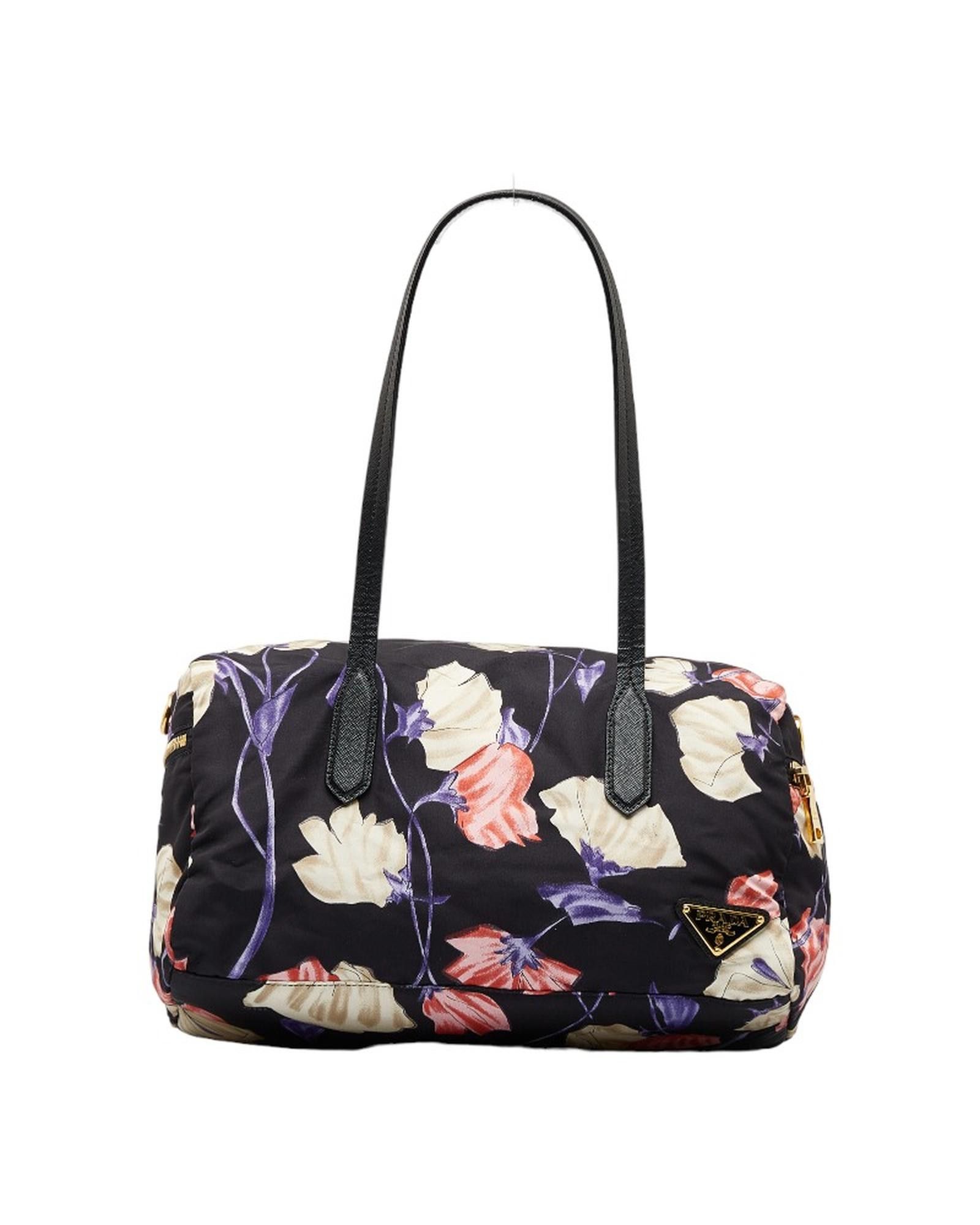 image of Prada Floral Shoulder Bag In Black Tessuto Material, Women's
