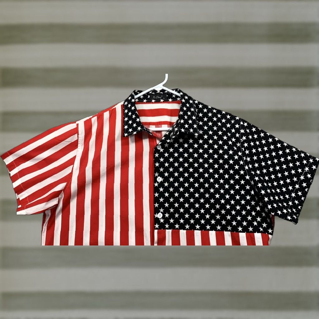 Vintage Xi Peng Women’s Button Shirt XS? No, XL Red White & Blue USA Flag 100% Cotton Shirt Blouse Short Sleeve Collared Size XL / US 12-14 / IT 48-50 - 1 Thumbnail