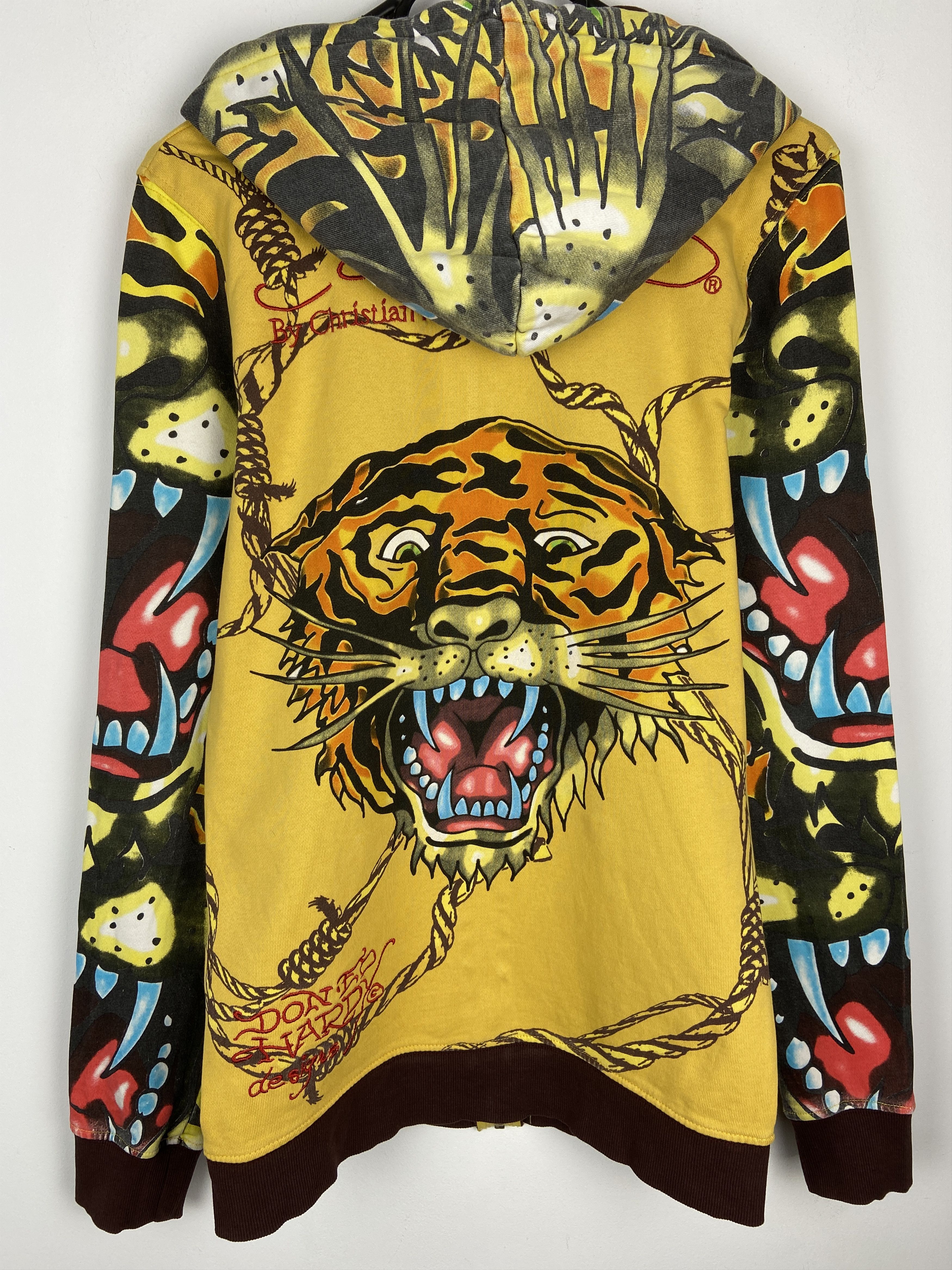 image of Christian Audigier x Ed Hardy Y2K Ed Hardy Tiger All Over Print Zip Hoodie Vintage in Yellow (Size 