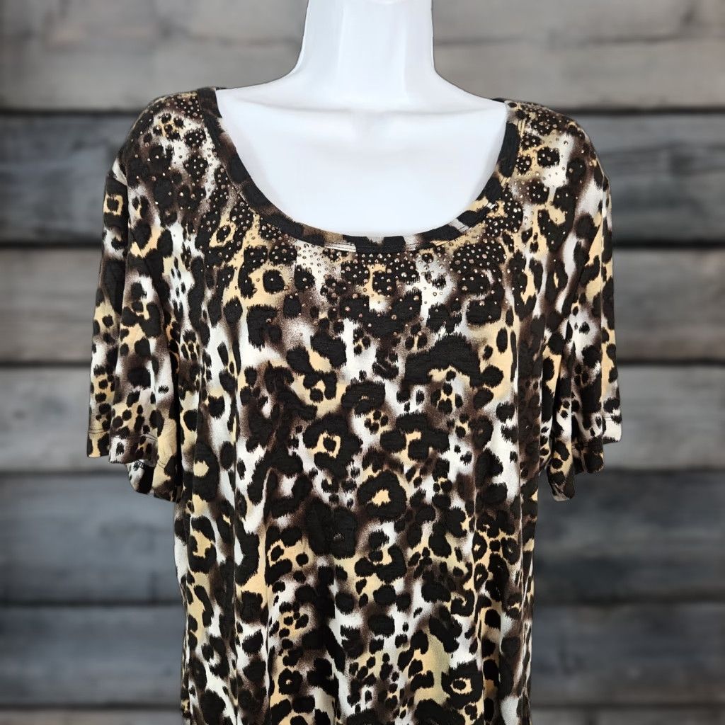 St. John St John Womens Blouse Top XL Animal Print Embellished Rayon Blend Brown Black Scoop Neck Shirt Womens Size XL / US 12-14 / IT 48-50 - 1 Thumbnail
