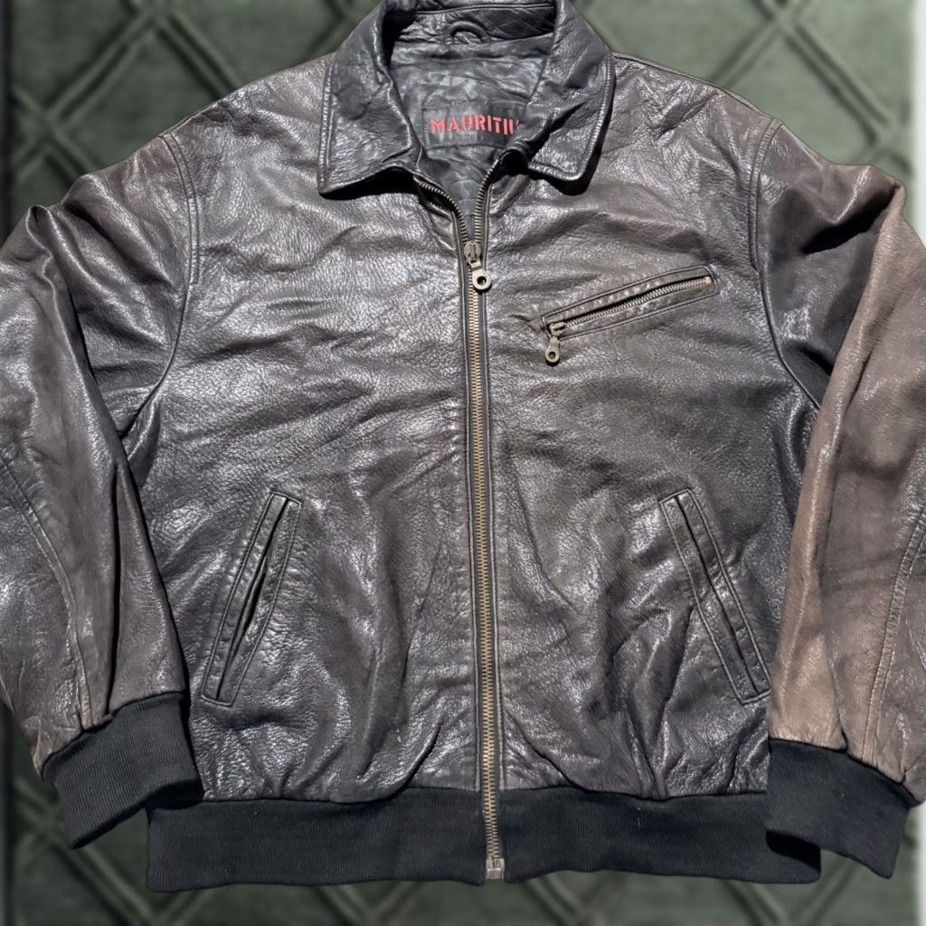 Vintage VINTAGE Mauritius Distressed Leather Full Zip Bomber Jacket Men's Black Retro Biker Jacket/Coat Size US XL / EU 56 / 4 - 1 Thumbnail