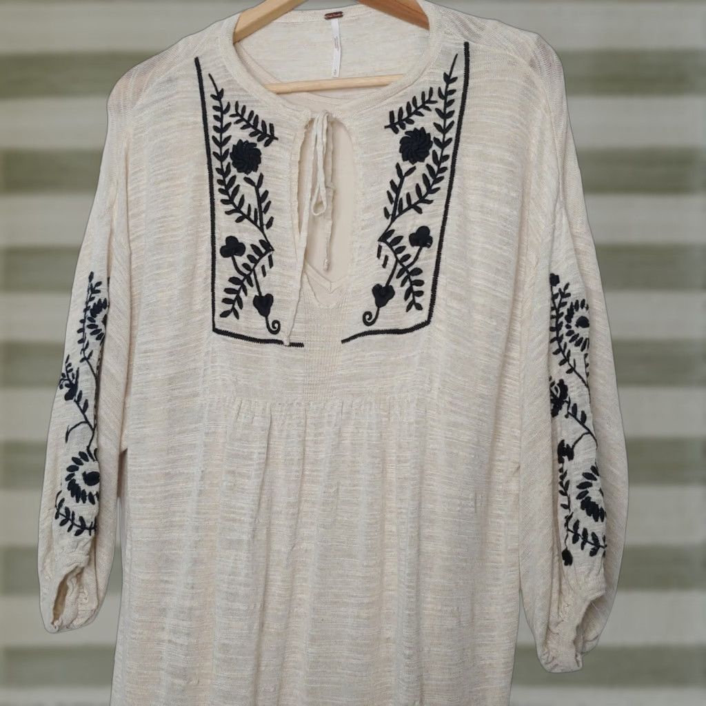 Free People Free People Dress Small Long Natural Off-white Burnout Knit Embroidered Boho Hippie 3/4 Sleeve Size S / US 4 / IT 40 - 1 Thumbnail