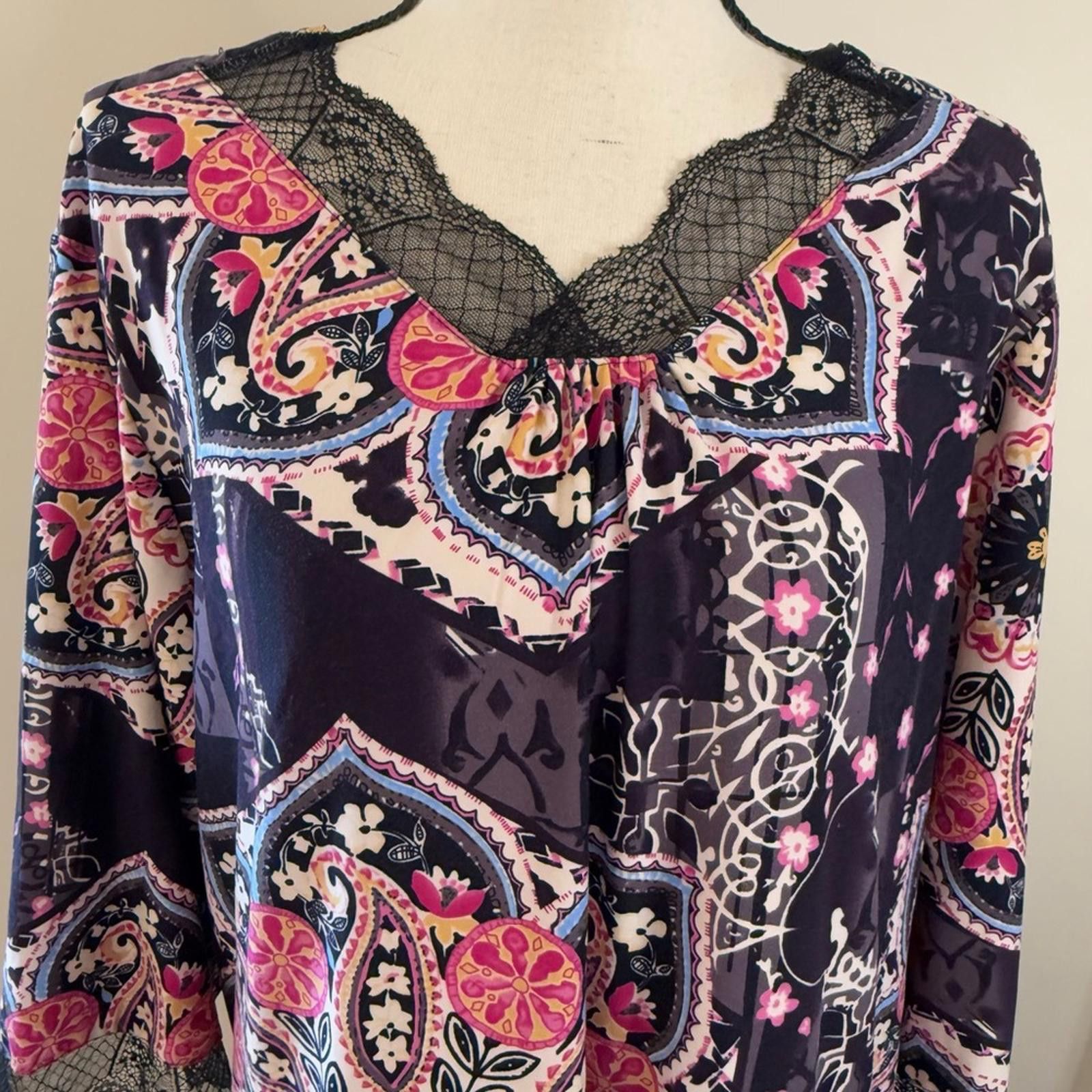 Sterling Silver Silverts floral paisley lace maxi nightgown black pink SZ XL Size ONE SIZE - 2 Thumbnail