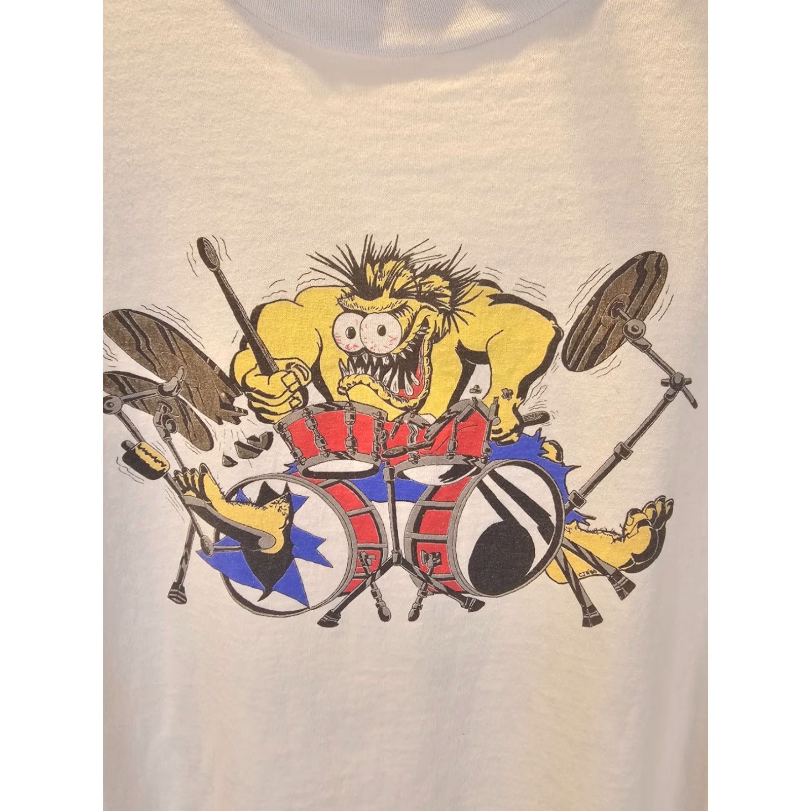 Vintage VINTAGE WADDELL'S DRUM CENTER MONSTER White T-Shirt SZ XLARGE - SINGLE STITCH, Crew Neck, Short Sleeve, 90s Graphic Print Mens Shirt Size US XL / EU 56 / 4 - 2 Thumbnail