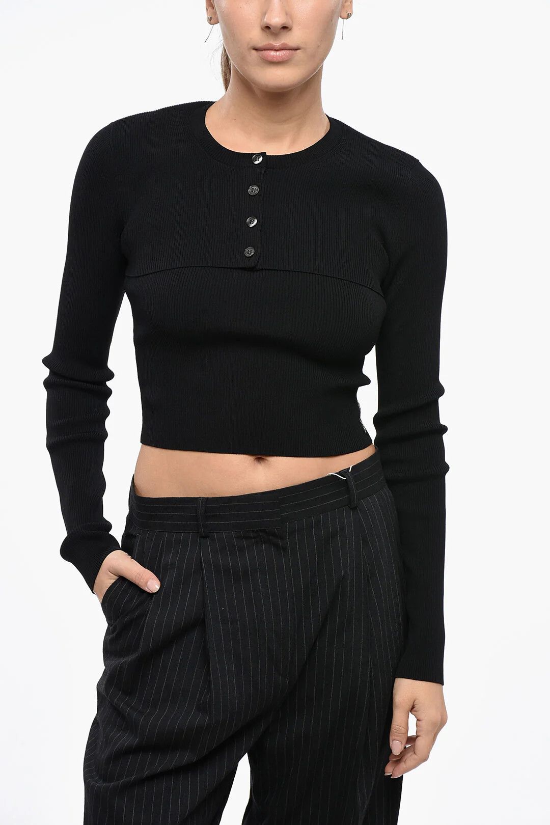 Alexander Wang og1mm0426 Ribbed Crop Cardigan in Black Size L / US 10 / IT 46 - 1 Thumbnail