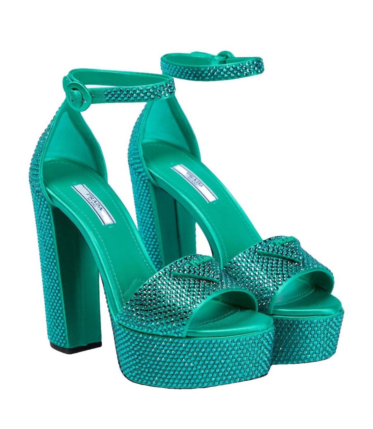 $2.2K VALUE satin platform sandals with crystals greenn