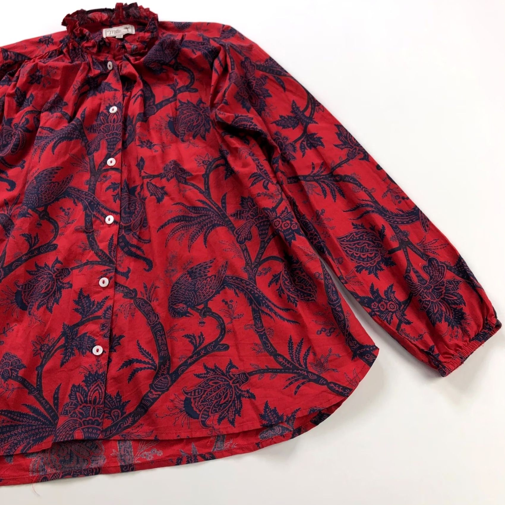 Vintage Mille Resort & Travel Shirt Womens XS Red Ruffled Neck Button Long Sleeve Floral HRJ Size XS / US 0-2 / IT 36-38 - 2 Thumbnail