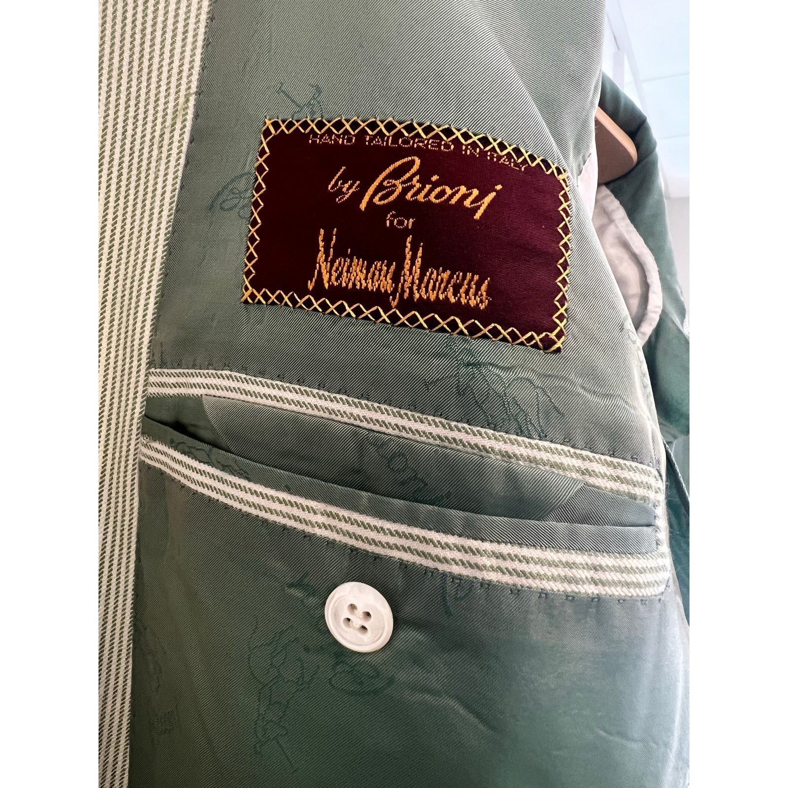 Brioni Brioni Cashmere & Silk Green White Pinstripe Suit Jacket 46R Size 46R - 9 Thumbnail