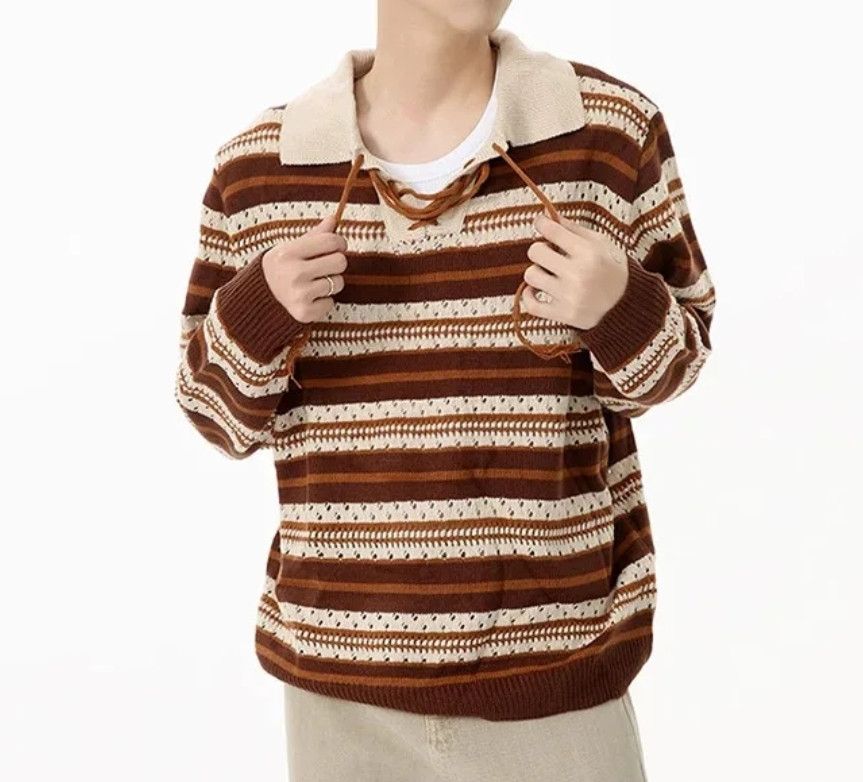 Japanese Brand × Vintage Vintage Guy Wide Collar Strap Contrast Stripe Sweater Size US XL / EU 56 / 4 - 2 Thumbnail