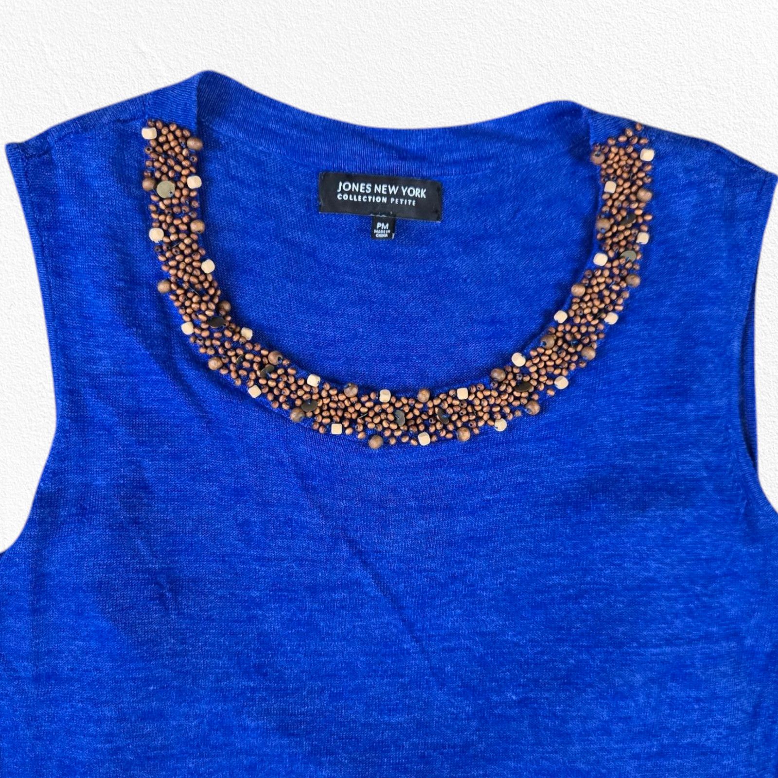 Jones New York Y2K Beaded Neck Blue Linen Blend Sleeveless Top PM Size M / US 6-8 / IT 42-44 - 3 Thumbnail