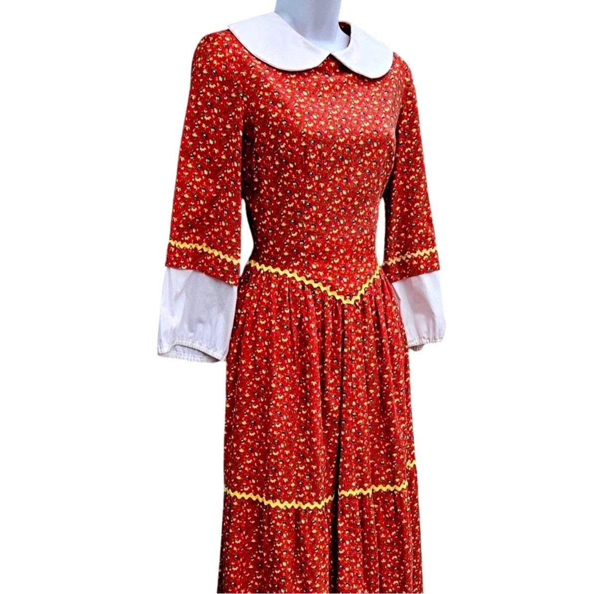 Homemade Vintage 70s Red Calico Maxi Prairie Dress Peter Pan Collar C Size XS / US 0-2 / IT 36-38 - 2 Thumbnail