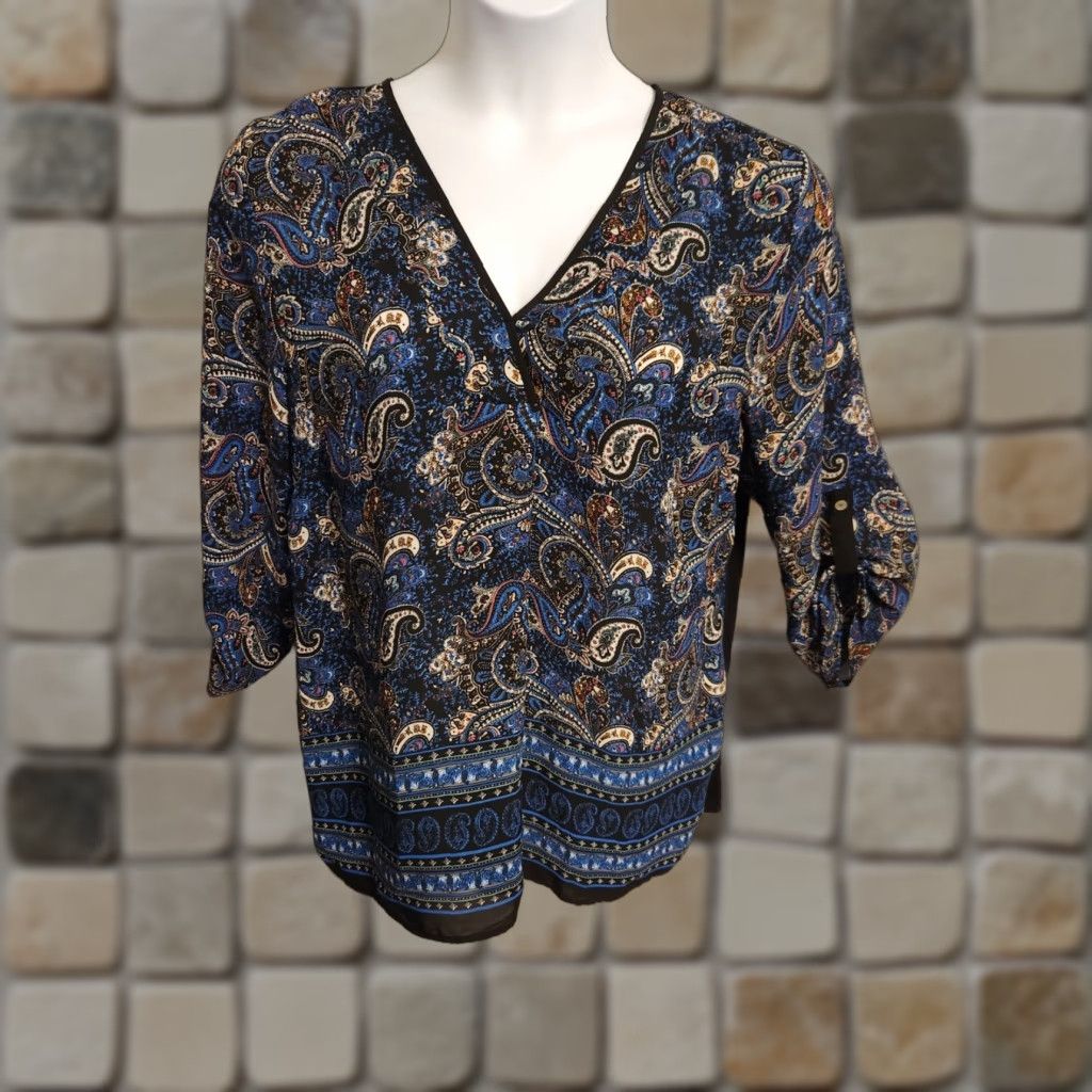 Vintage DR2 Blue Paisley Floral Black In Back Top Boho XL 3/4 Sleeve V-Neck Blouse Womens Shirt Shirt Size XL / US 12-14 / IT 48-50 - 1 Thumbnail