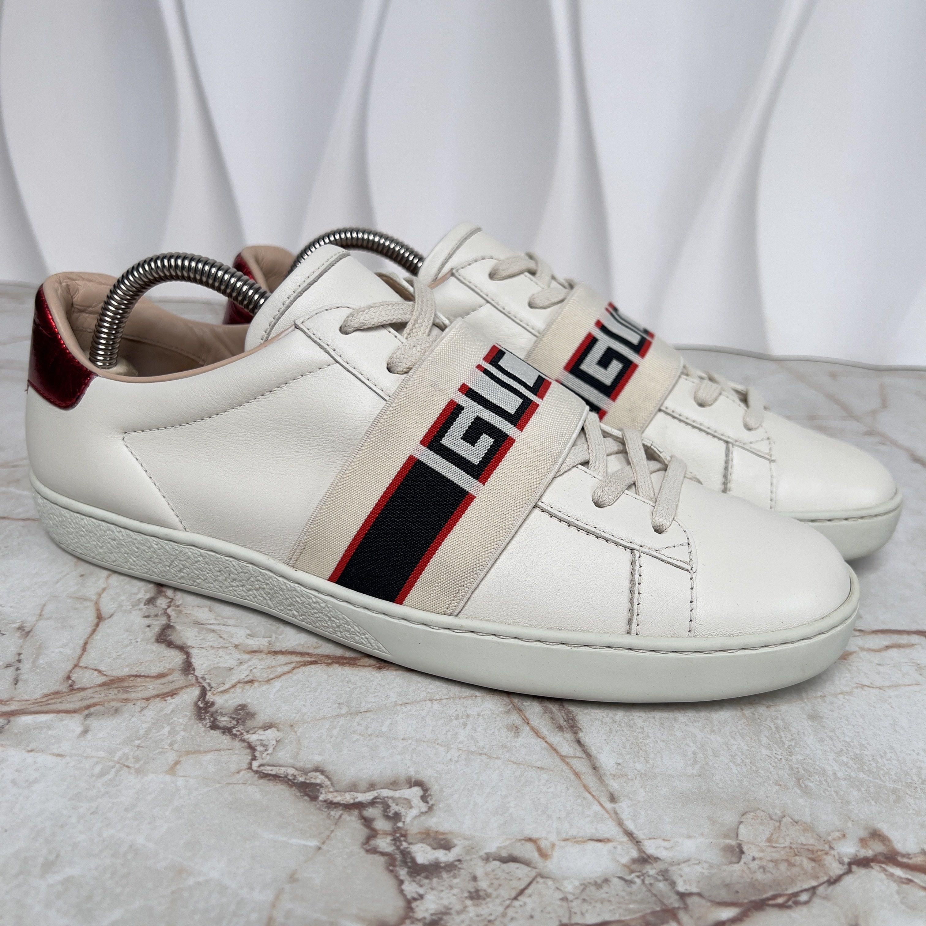 Gucci Authentic Ace Stripe Logo Sneaker Red Beige Leather Size US 8.5 / IT 38.5 - 4 Thumbnail