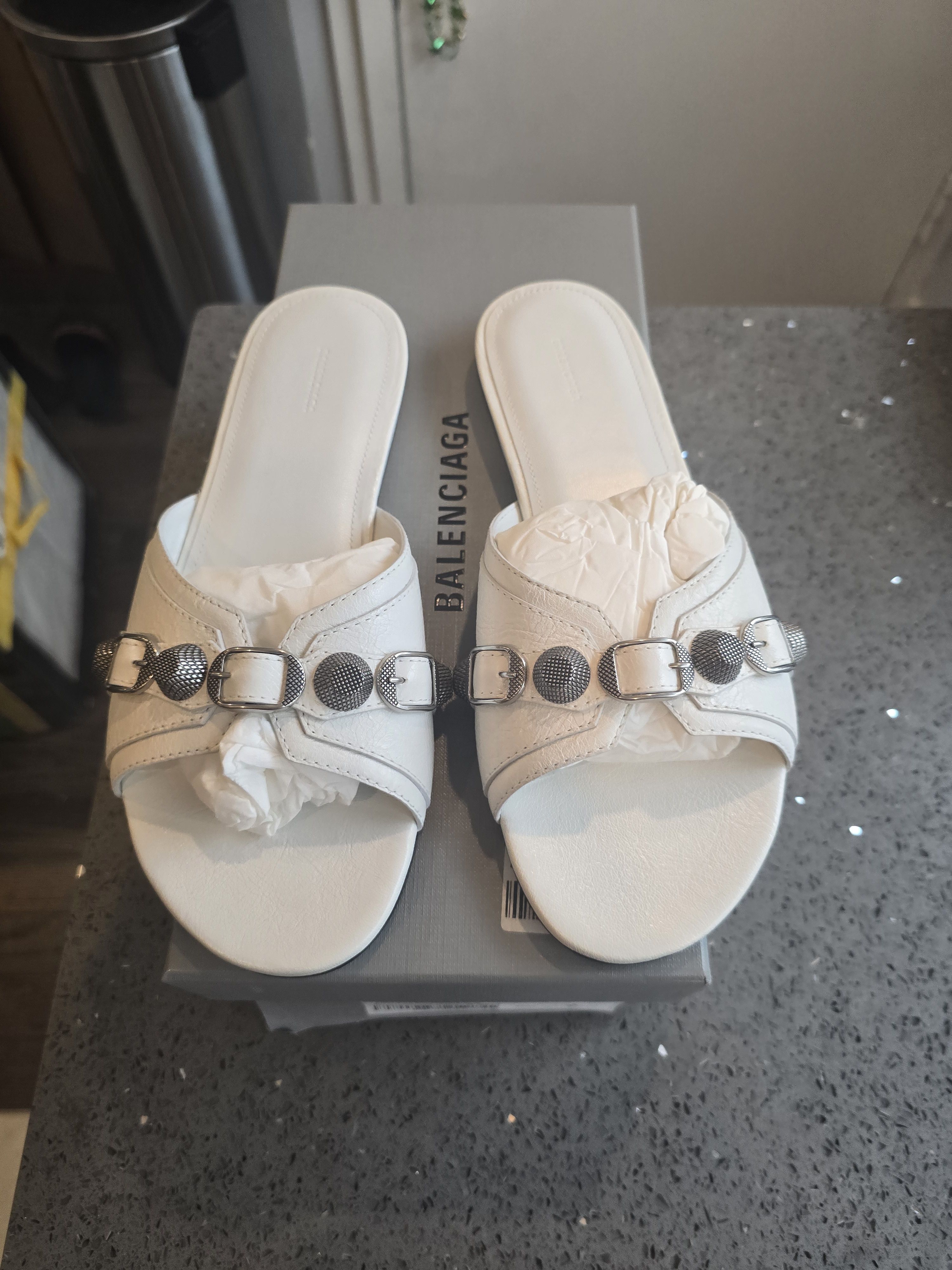 image of Balenciaga White Leather Le Cagole Slide Sandals Size 38.5, Women's