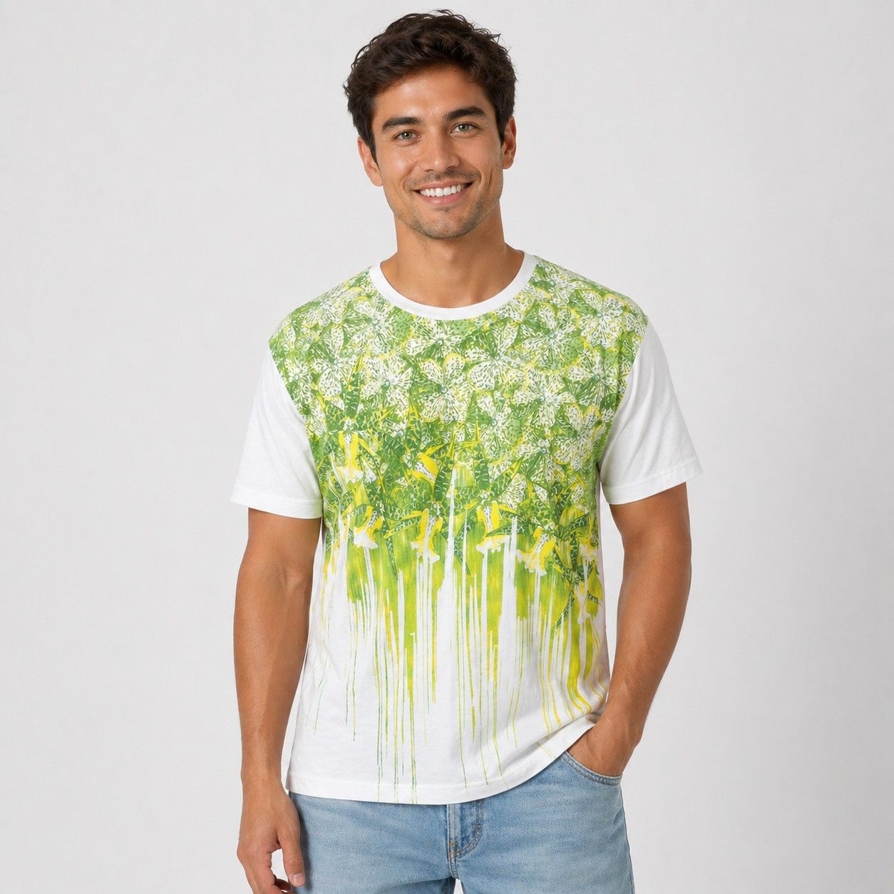 Just Cavalli Beachwear White/Green Graphic Tee Floral Spring Summer Size US L / EU 52-54 / 3 - 1 Thumbnail