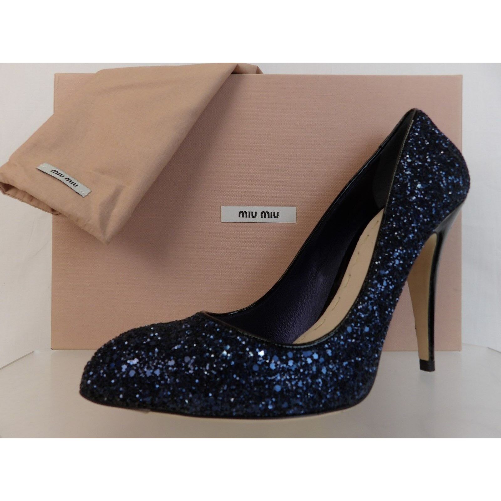 Miu Miu DARK NAVY GLITTER BLACK PATENT LEATHER HEEL PUMPS 40.5 ITALY Size US 10.5 / IT 40.5 - 4 Thumbnail